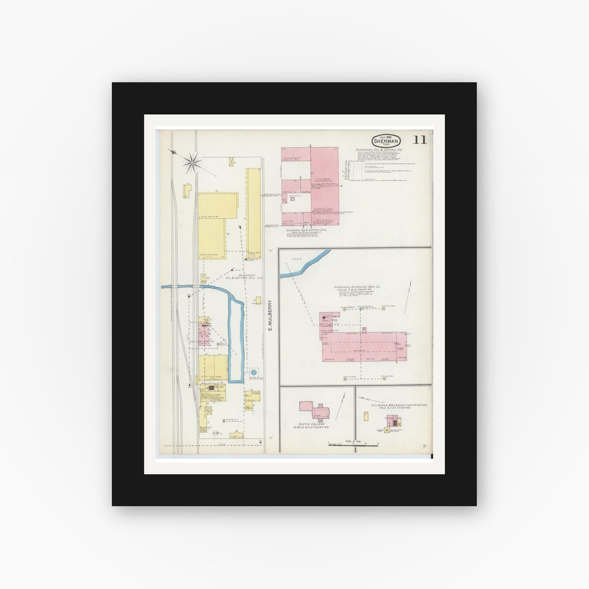 Old map wall art mockup — black gallery frame with white mat — Sanborn Fire Insurance Map from Sherman, Grayson County, Texas (1892), Sheet #0011