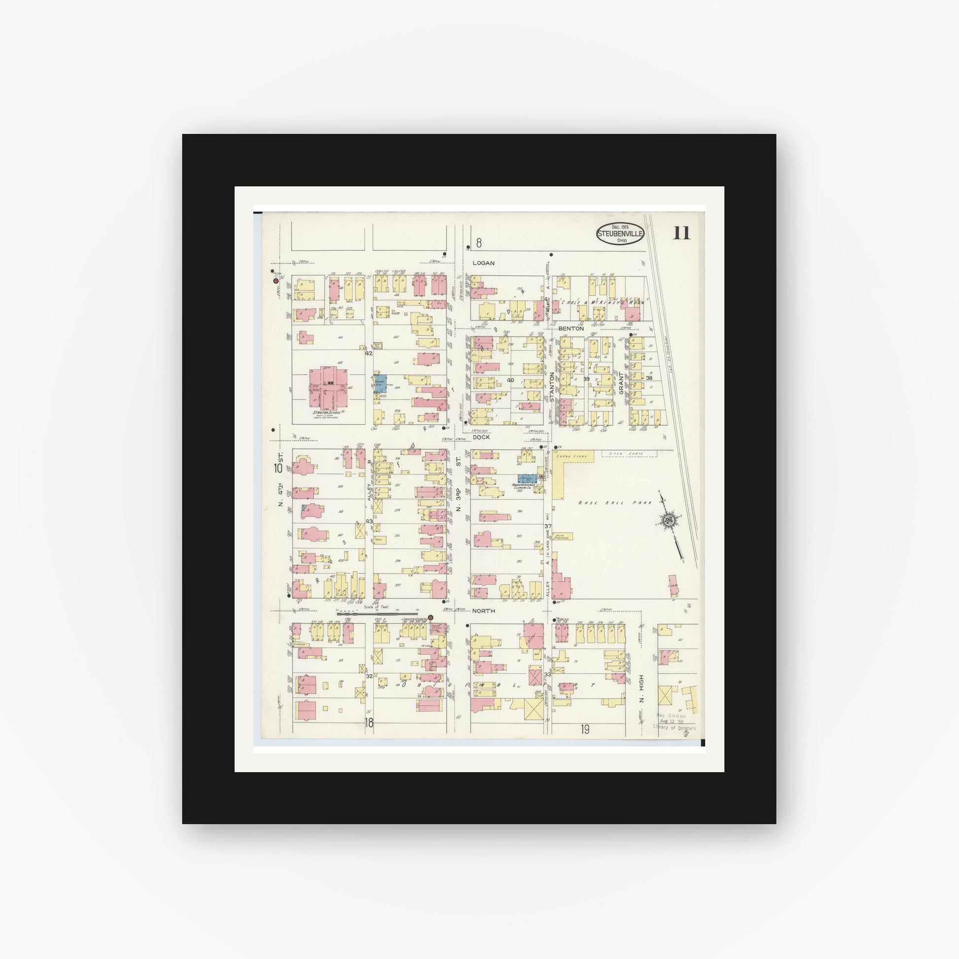 Old map wall art mockup — black gallery frame with white mat — Sanborn Fire Insurance Map from Steubenville, Jefferson County, Ohio (1913), Sheet #0011