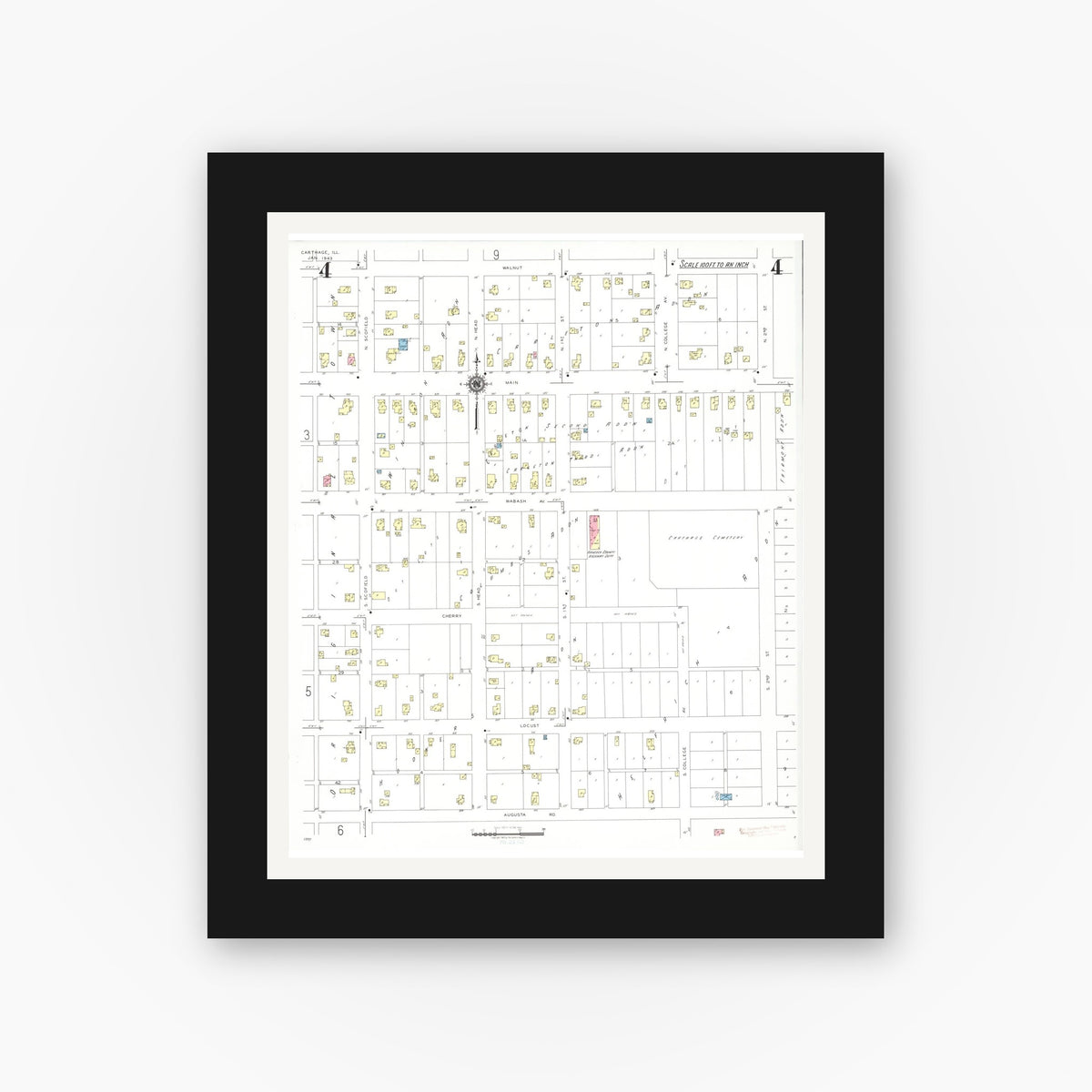 Old map wall art mockup — black gallery frame with white mat — Sanborn Fire Insurance Map from Carthage, Hancock County, Illinois (1943), Sheet #0004