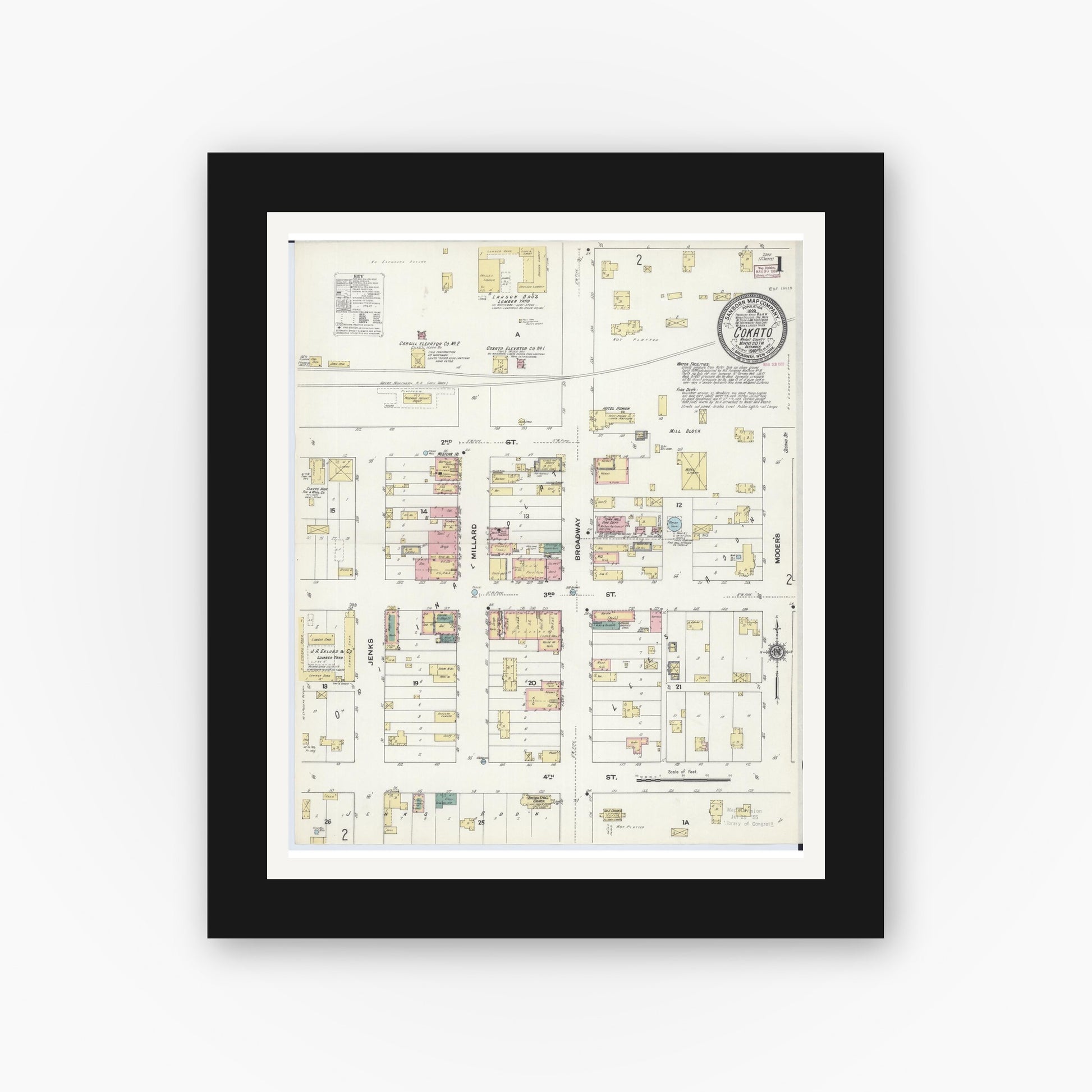 Old map wall art mockup — black gallery frame with white mat — Sanborn Fire Insurance Map from Cokato, Wright County, Minnesota (1909), Sheet #0001