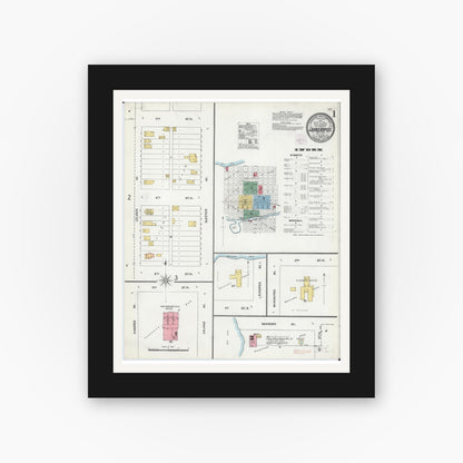 Old map wall art mockup — black gallery frame with white mat — Sanborn Fire Insurance Map from Grand Rapids, Itasca County, Minnesota (1904), Sheet #0001