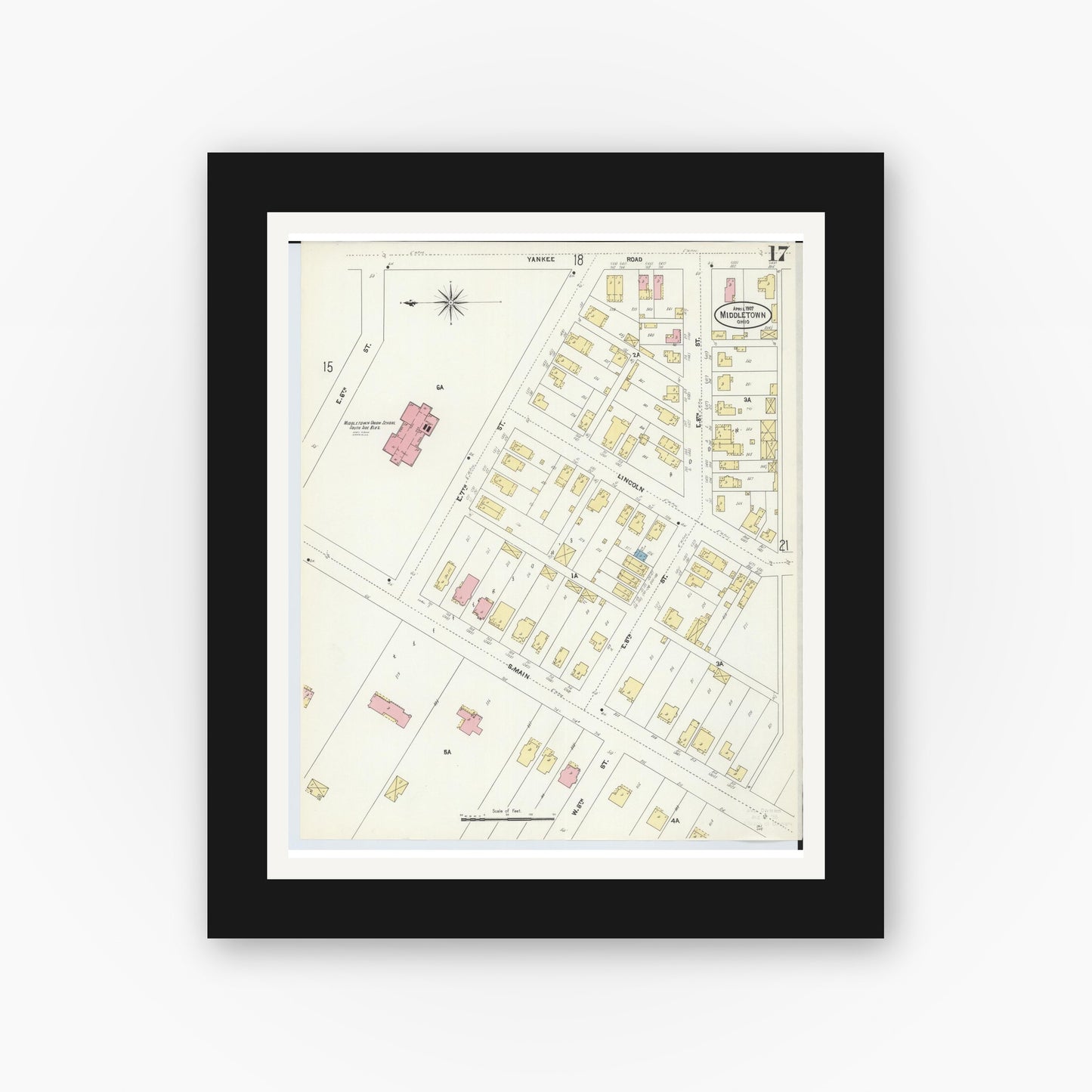 Old map wall art mockup — black gallery frame with white mat — Sanborn Fire Insurance Map from Middletown, Butler County, Ohio (1907), Sheet #0017
