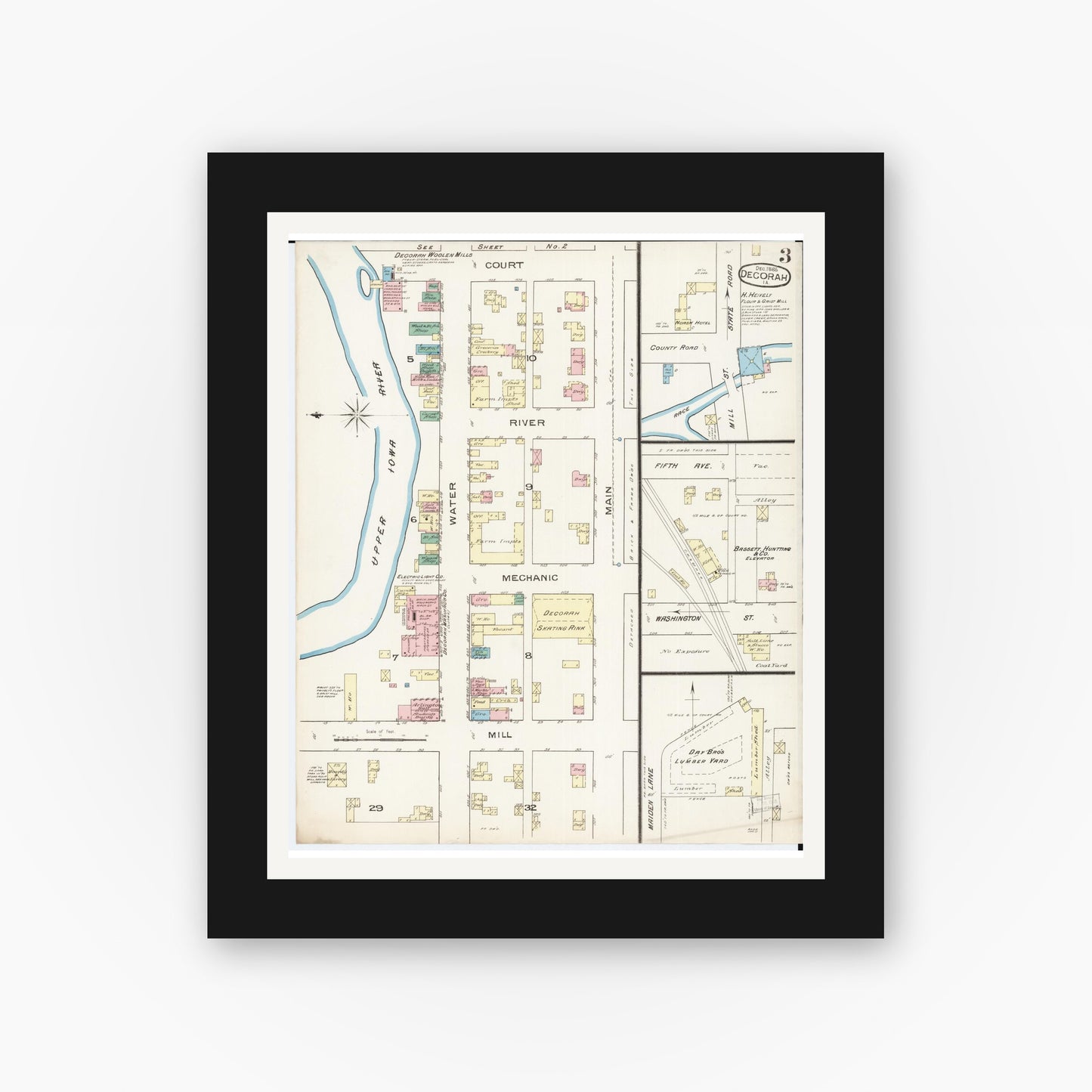 Old map wall art mockup — black gallery frame with white mat — Sanborn Fire Insurance Map from Decorah, Winneshiek County, Iowa (1885), Sheet #0003
