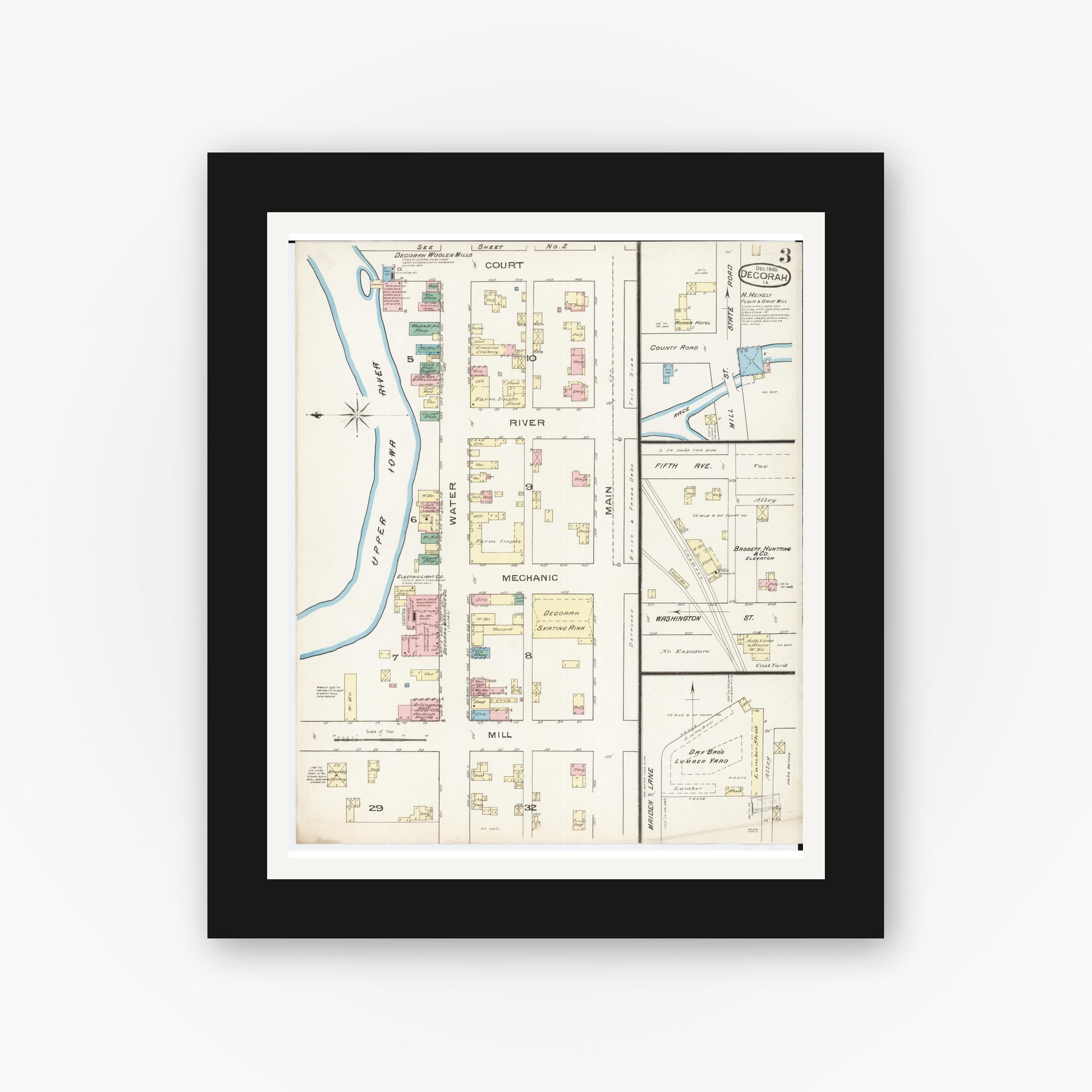 Old map wall art mockup — black gallery frame with white mat — Sanborn Fire Insurance Map from Decorah, Winneshiek County, Iowa (1885), Sheet #0003