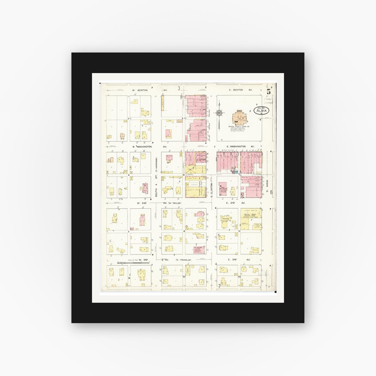 Old map wall art mockup — black gallery frame with white mat — Sanborn Fire Insurance Map from Albia, Monroe County, Iowa (1913), Sheet #0005