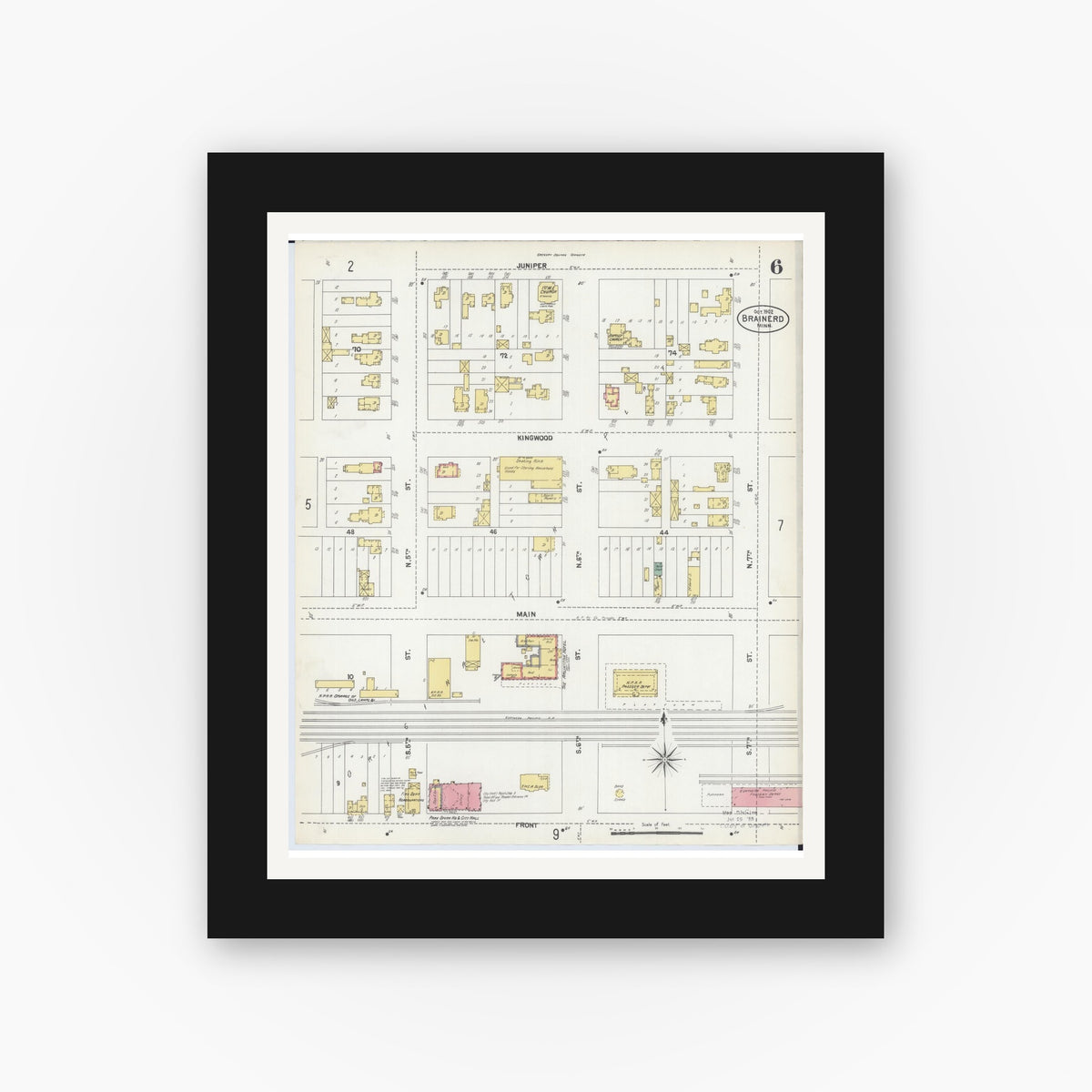 Old map wall art mockup — black gallery frame with white mat — Sanborn Fire Insurance Map from Brainerd, Crow Wing County, Minnesota (1902), Sheet #0006