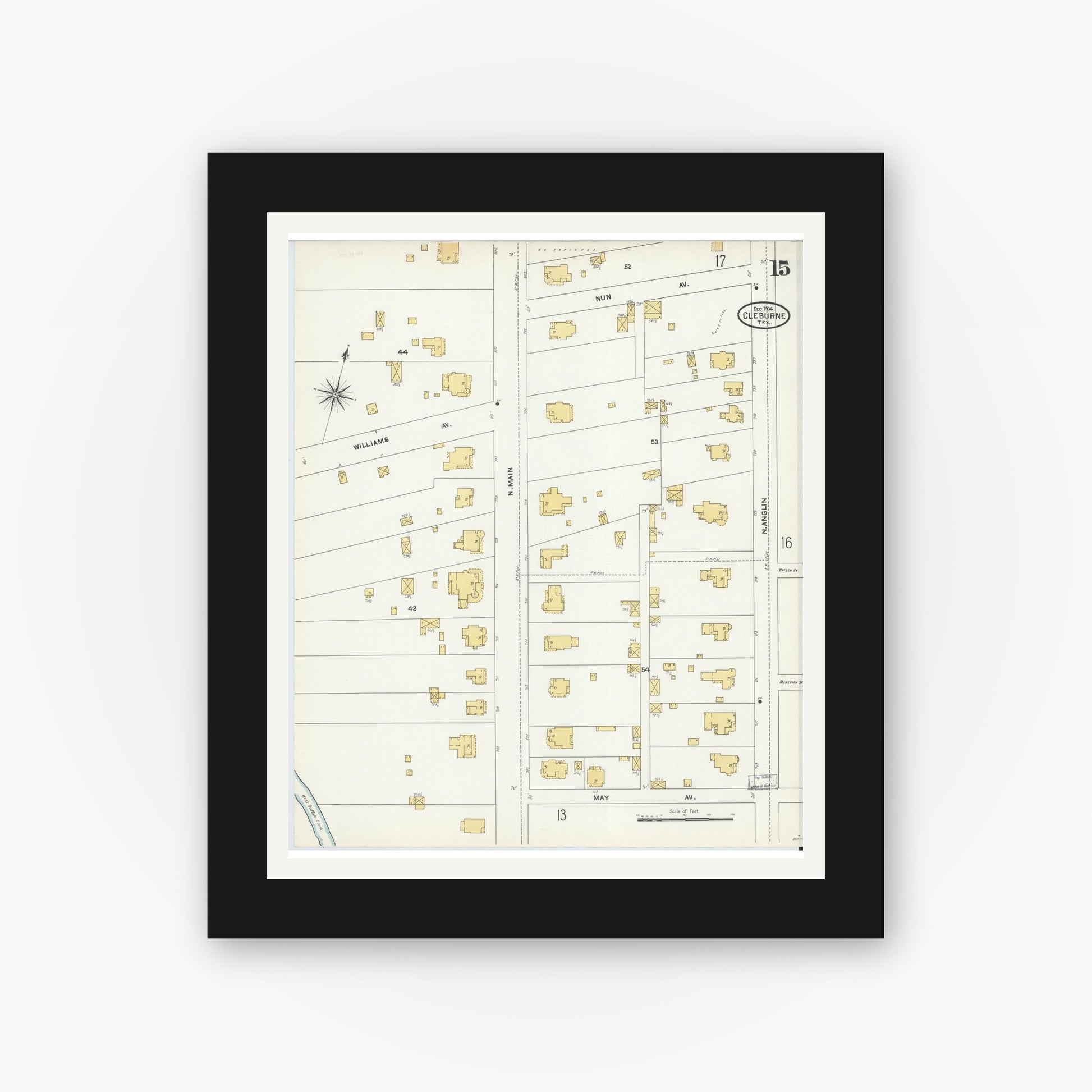 Old map wall art mockup — black gallery frame with white mat — Sanborn Fire Insurance Map from Cleburne, Johnson County, Texas (1904), Sheet #0015