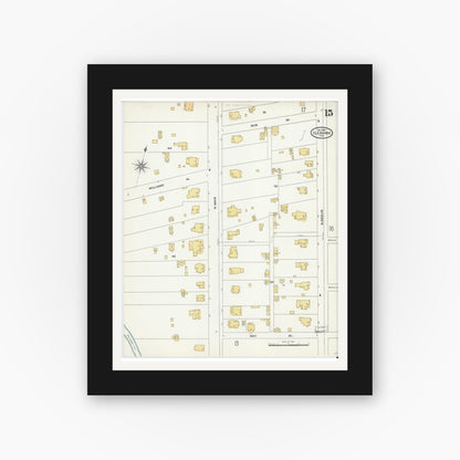 Old map wall art mockup — black gallery frame with white mat — Sanborn Fire Insurance Map from Cleburne, Johnson County, Texas (1904), Sheet #0015