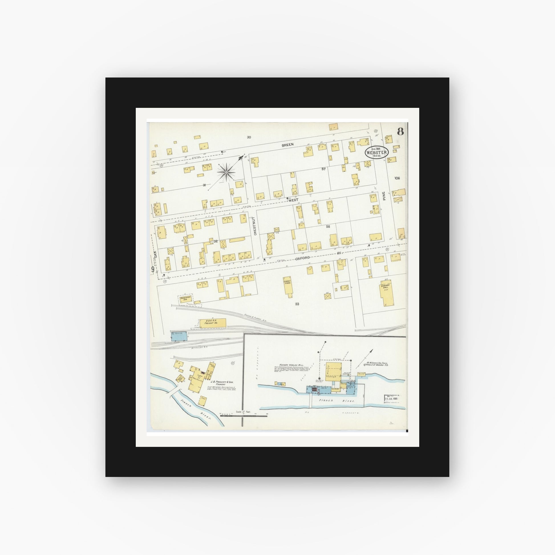 Old map wall art mockup — black gallery frame with white mat — Sanborn Fire Insurance Map from Webster, Worcester County, Massachusetts (1904), Sheet #0008