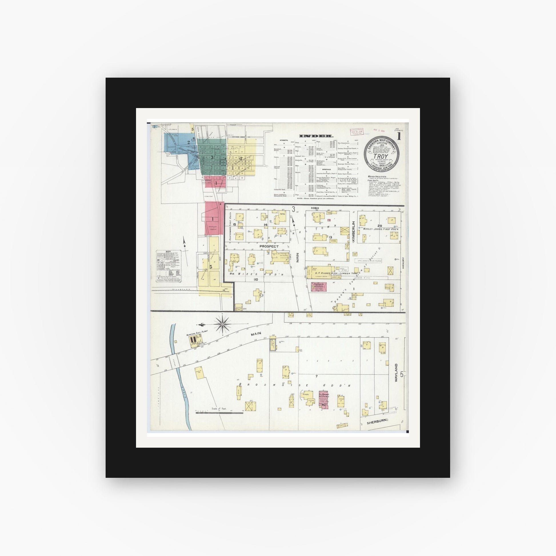 Old map wall art mockup — black gallery frame with white mat — Sanborn Fire Insurance Map from Troy, Madison County, Illinois (1909) - Complete Map Set