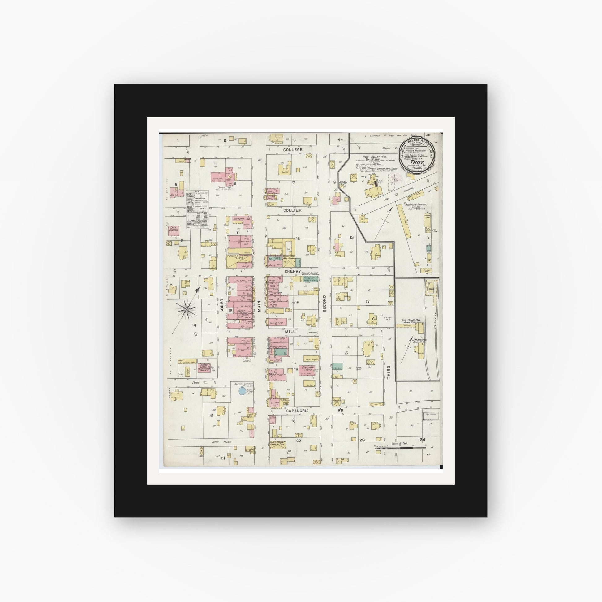 Old map wall art mockup — black gallery frame with white mat — Sanborn Fire Insurance Map from Troy, Lincoln County, Missouri (1895), Sheet #0001