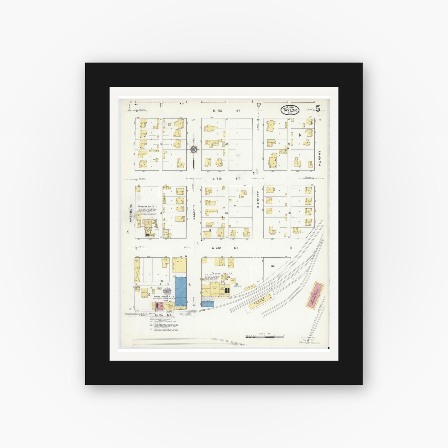 Old map wall art mockup — black gallery frame with white mat — Sanborn Fire Insurance Map from Taylor, Williamson County, Texas (1916), Sheet #0005