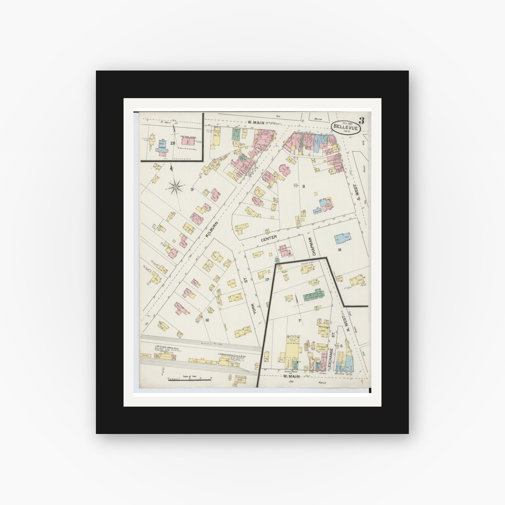 Old map wall art mockup — black gallery frame with white mat — Sanborn Fire Insurance Map from Bellevue, Huron And Sandusky County, Ohio (1887), Sheet #0003