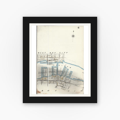 Old map wall art mockup — black gallery frame with white mat — Sanborn Fire Insurance Map from Bay City, Bay County, Michigan (1895), Sheet #0006