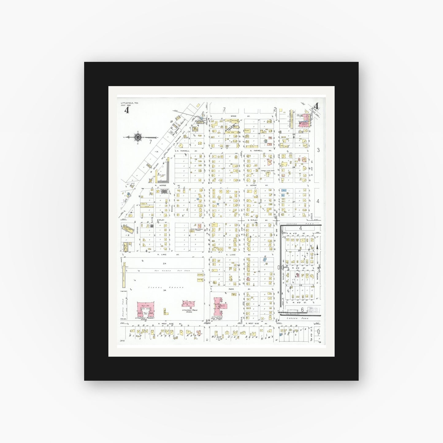 Old map wall art mockup — black gallery frame with white mat — Sanborn Fire Insurance Map from Littlefield, Lamb County, Texas (1950), Sheet #0004