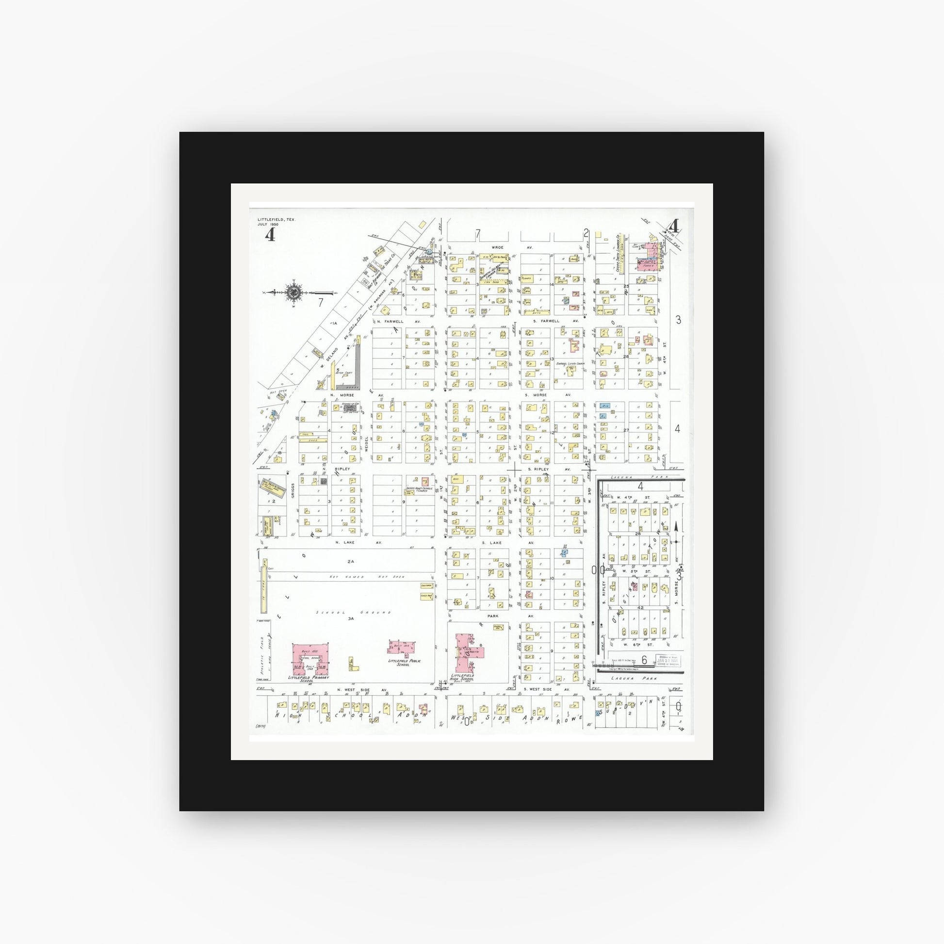 Old map wall art mockup — black gallery frame with white mat — Sanborn Fire Insurance Map from Littlefield, Lamb County, Texas (1950), Sheet #0004