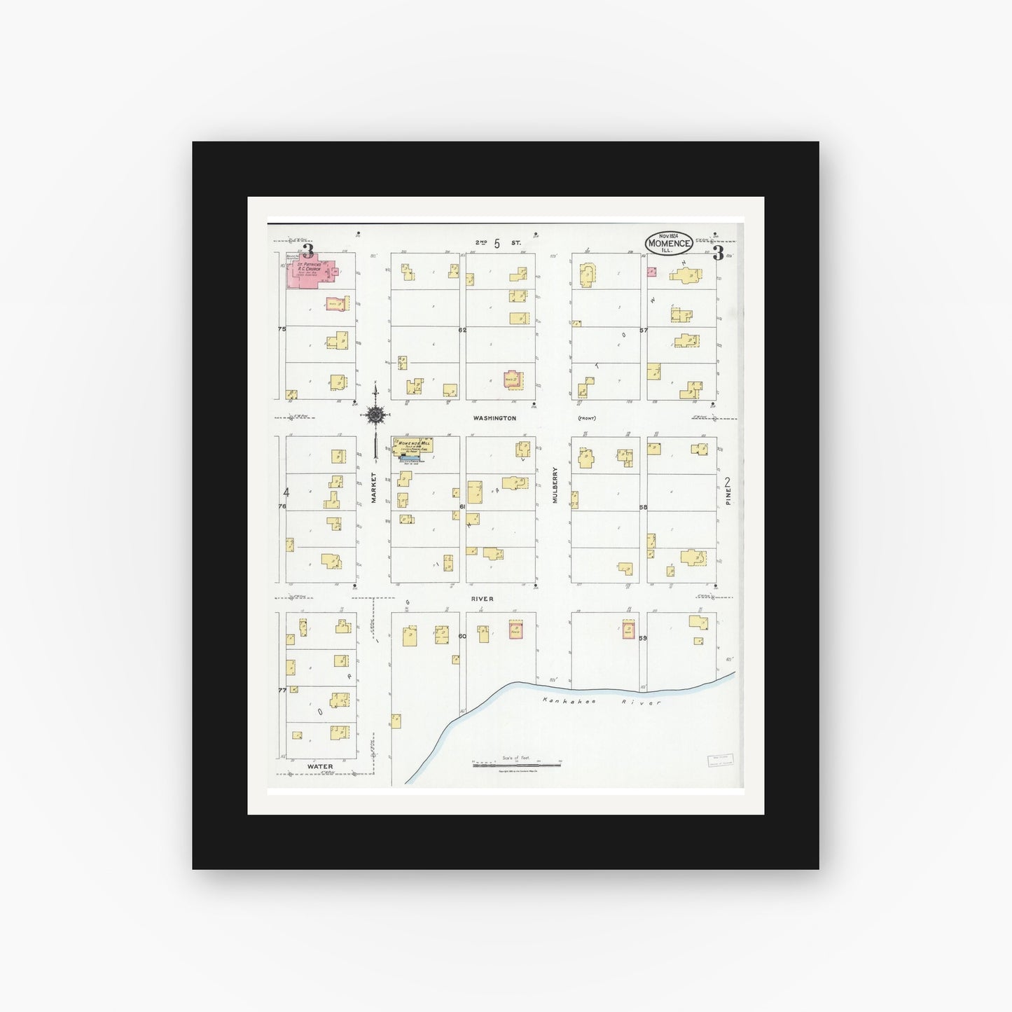 Old map wall art mockup — black gallery frame with white mat — Sanborn Fire Insurance Map from Momence, Kankakee County, Illinois (1924), Sheet #0003