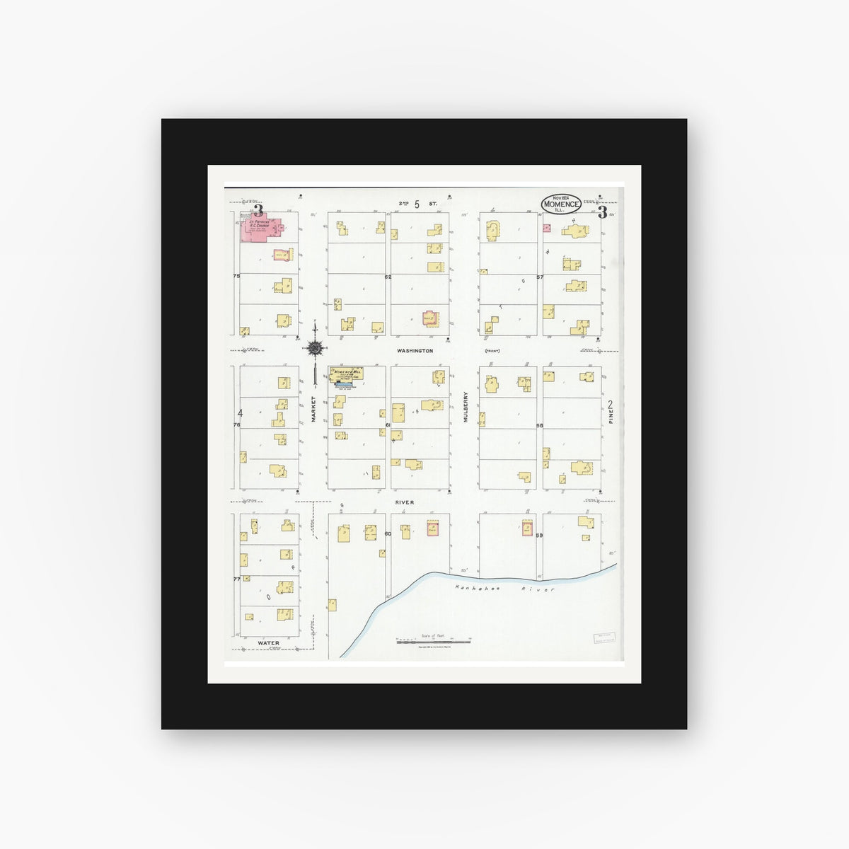 Old map wall art mockup — black gallery frame with white mat — Sanborn Fire Insurance Map from Momence, Kankakee County, Illinois (1924), Sheet #0003