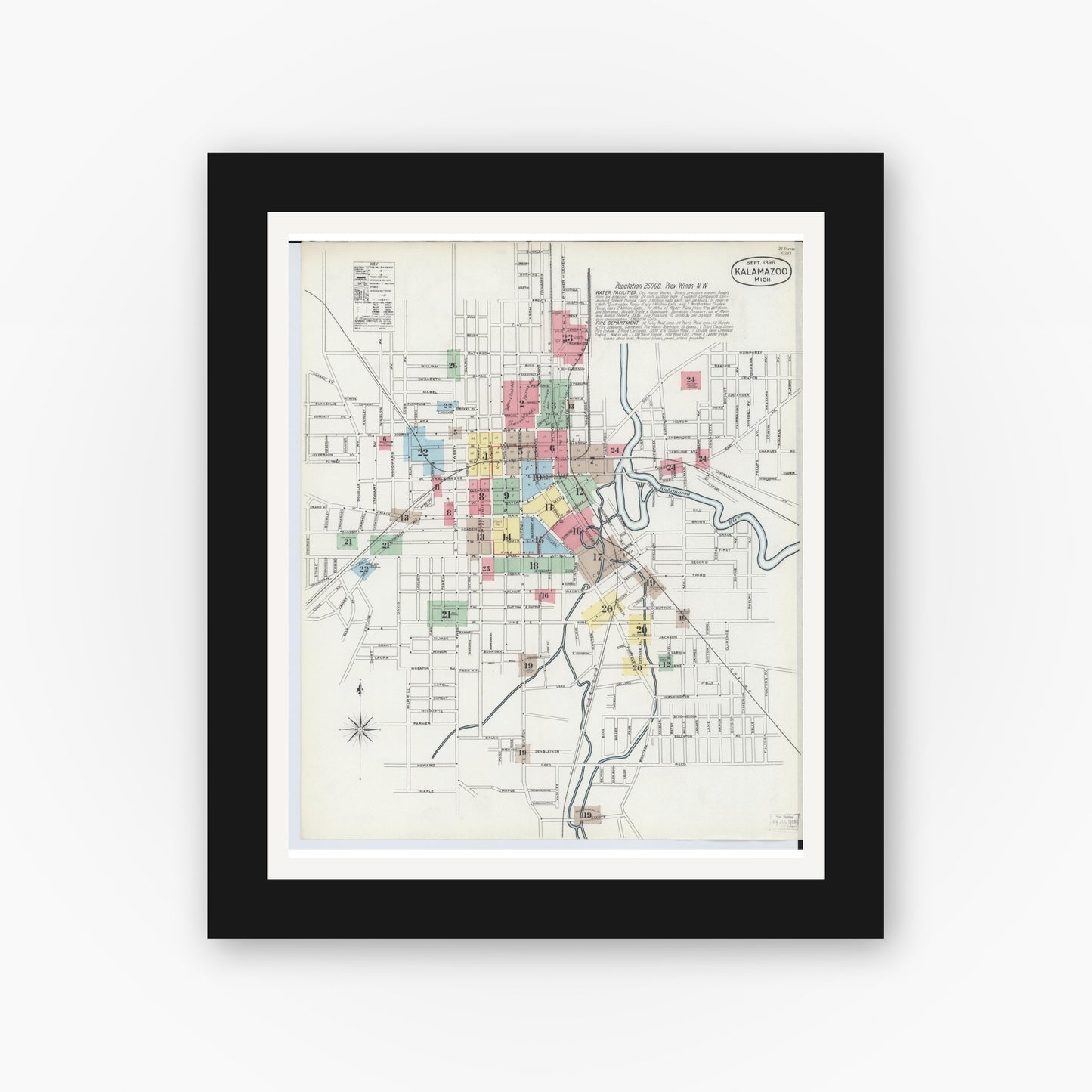 Old map wall art mockup — black gallery frame with white mat — Sanborn Fire Insurance Map from Kalamazoo, Kalamazoo County, Michigan (1896) - Complete Map Set