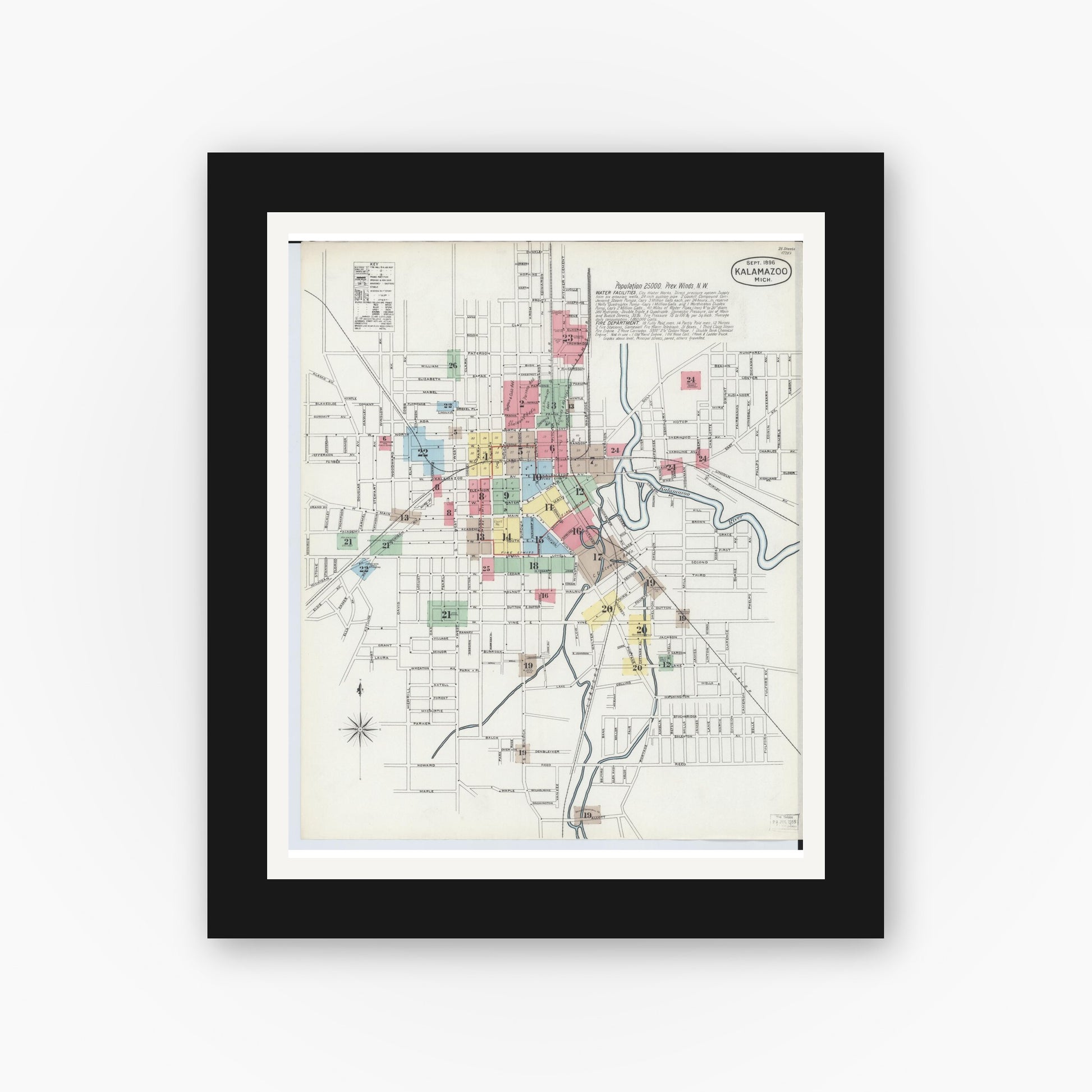 Old map wall art mockup — black gallery frame with white mat — Sanborn Fire Insurance Map from Kalamazoo, Kalamazoo County, Michigan (1896) - Complete Map Set