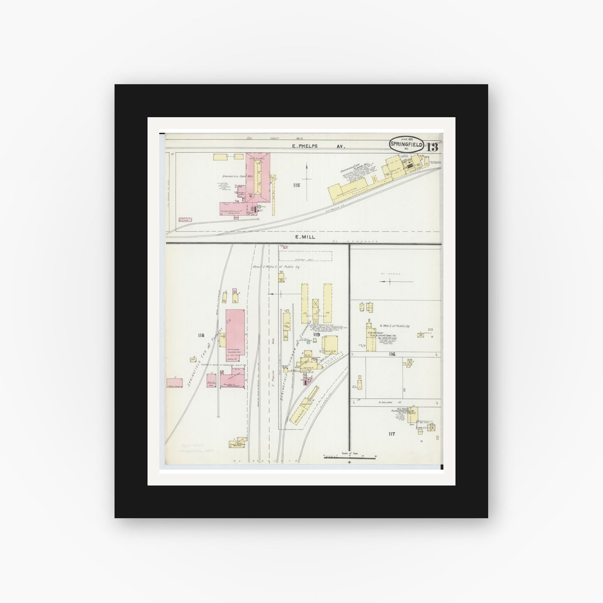 Old map wall art mockup — black gallery frame with white mat — Sanborn Fire Insurance Map from Springfield, Greene County, Missouri (1891), Sheet #0013