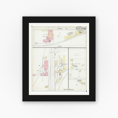 Old map wall art mockup — black gallery frame with white mat — Sanborn Fire Insurance Map from Springfield, Greene County, Missouri (1891), Sheet #0013