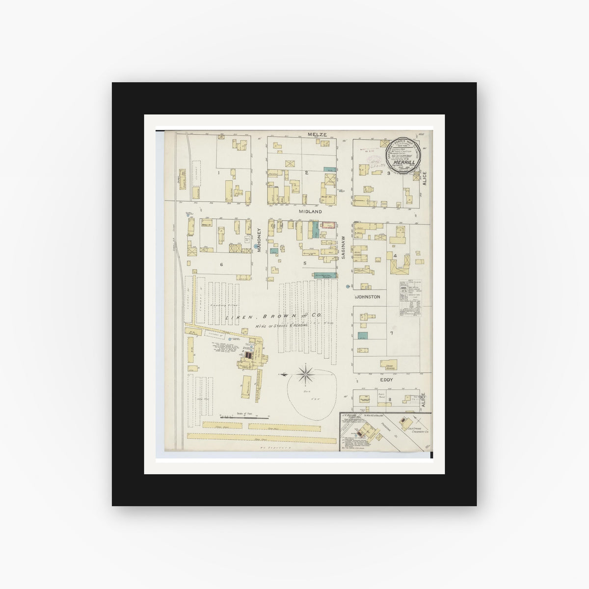 Old map wall art mockup — black gallery frame with white mat — Sanborn Fire Insurance Map from Merrill, Saginaw County, Michigan (1893), Sheet #0001