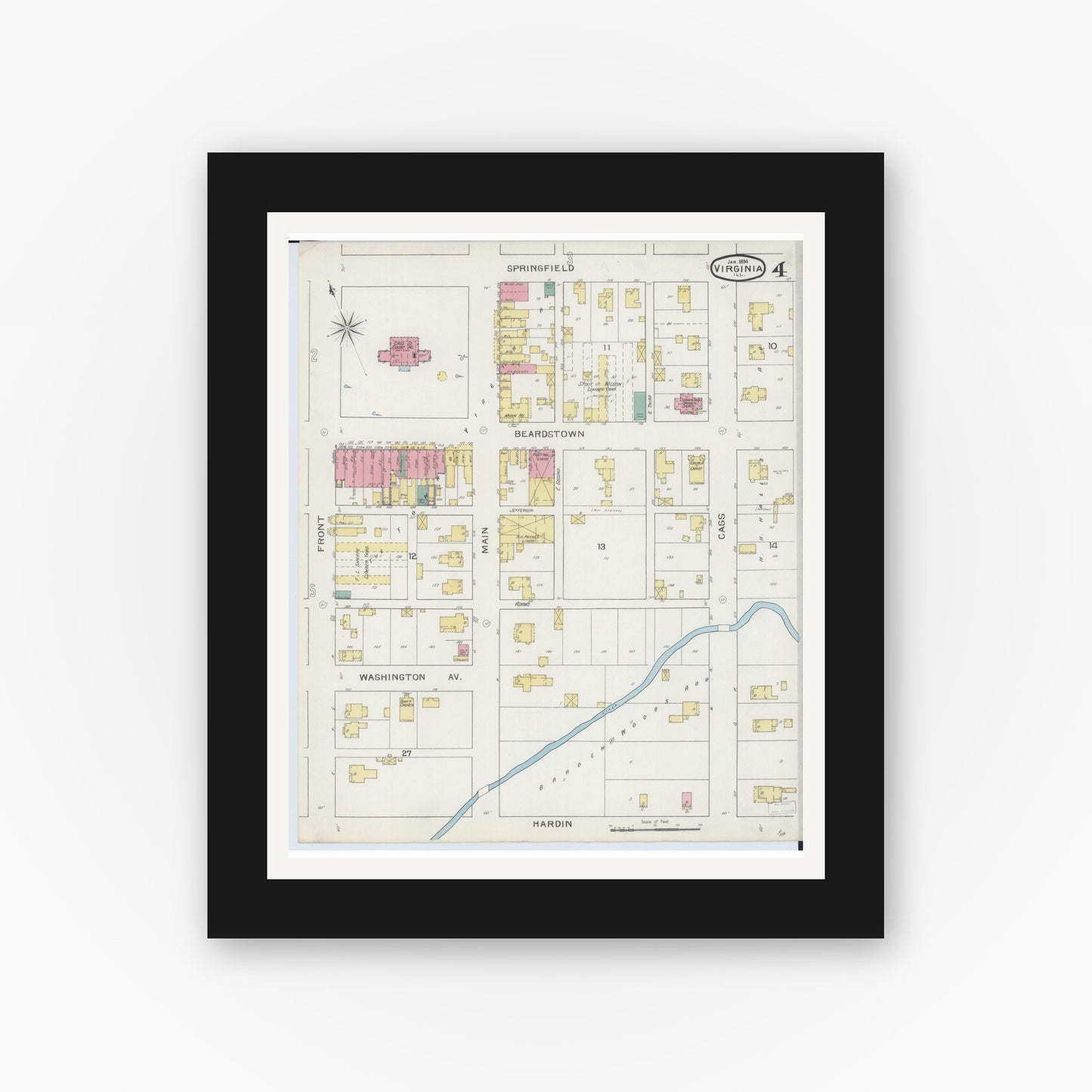 Old map wall art mockup — black gallery frame with white mat — Sanborn Fire Insurance Map from Virginia, Cass County, Illinois (1894), Sheet #0004