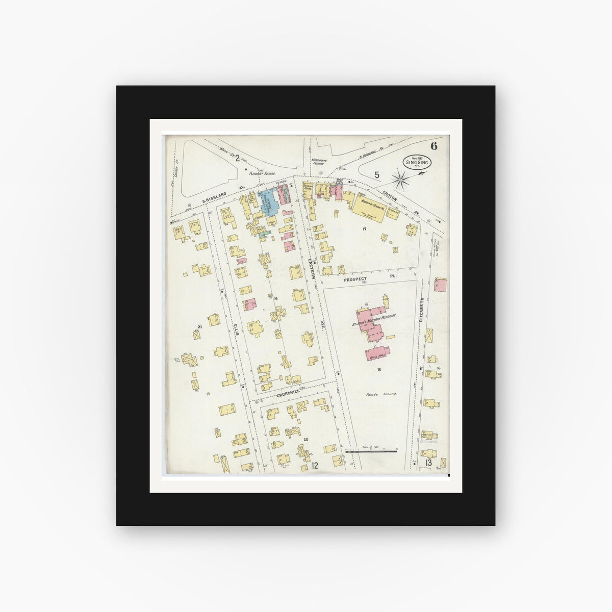 Old map wall art mockup — black gallery frame with white mat — Sanborn Fire Insurance Map from Sing Sing, Westchester County, New York (1897), Sheet #0006