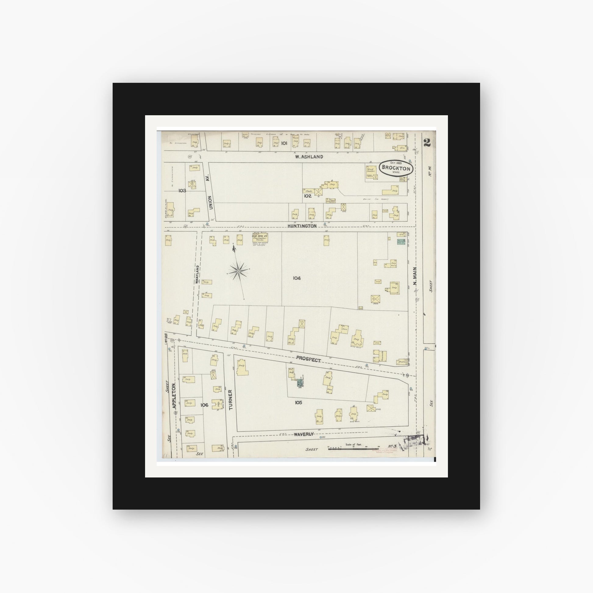 Old map wall art mockup — black gallery frame with white mat — Sanborn Fire Insurance Map from Brockton, Plymouth County, Massachusetts (1889), Sheet #0002