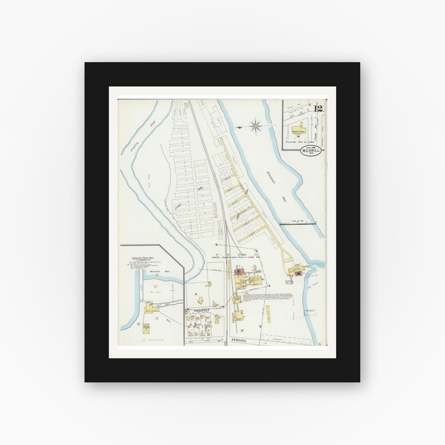 Old map wall art mockup — black gallery frame with white mat — Sanborn Fire Insurance Map from Merrill, Lincoln County, Wisconsin (1898), Sheet #0012