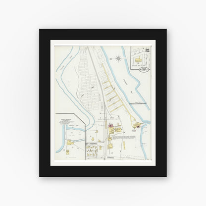 Old map wall art mockup — black gallery frame with white mat — Sanborn Fire Insurance Map from Merrill, Lincoln County, Wisconsin (1898), Sheet #0012