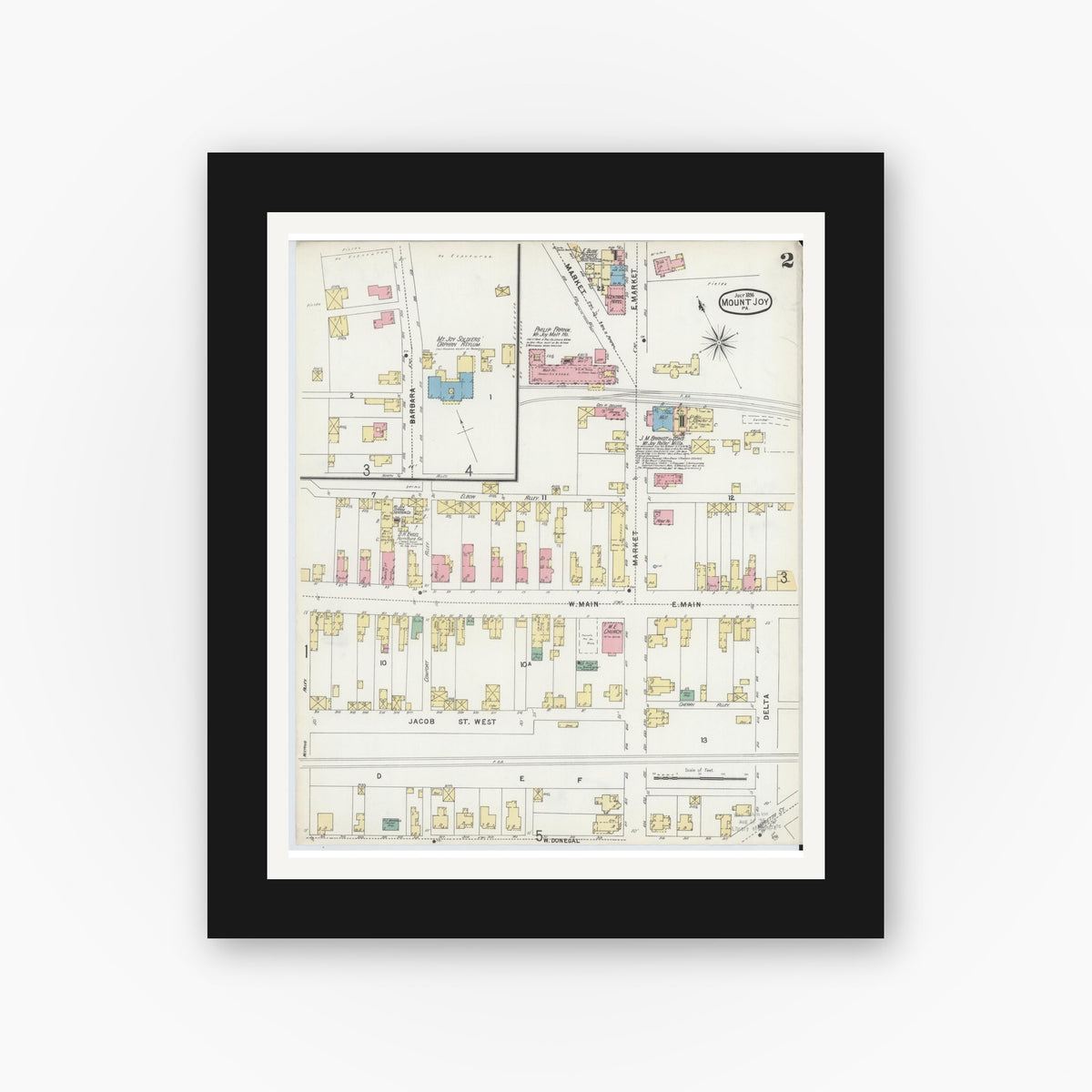 Old map wall art mockup — black gallery frame with white mat — Sanborn Fire Insurance Map from Mount Joy, Lancaster County, Pennsylvania (1896), Sheet #0002