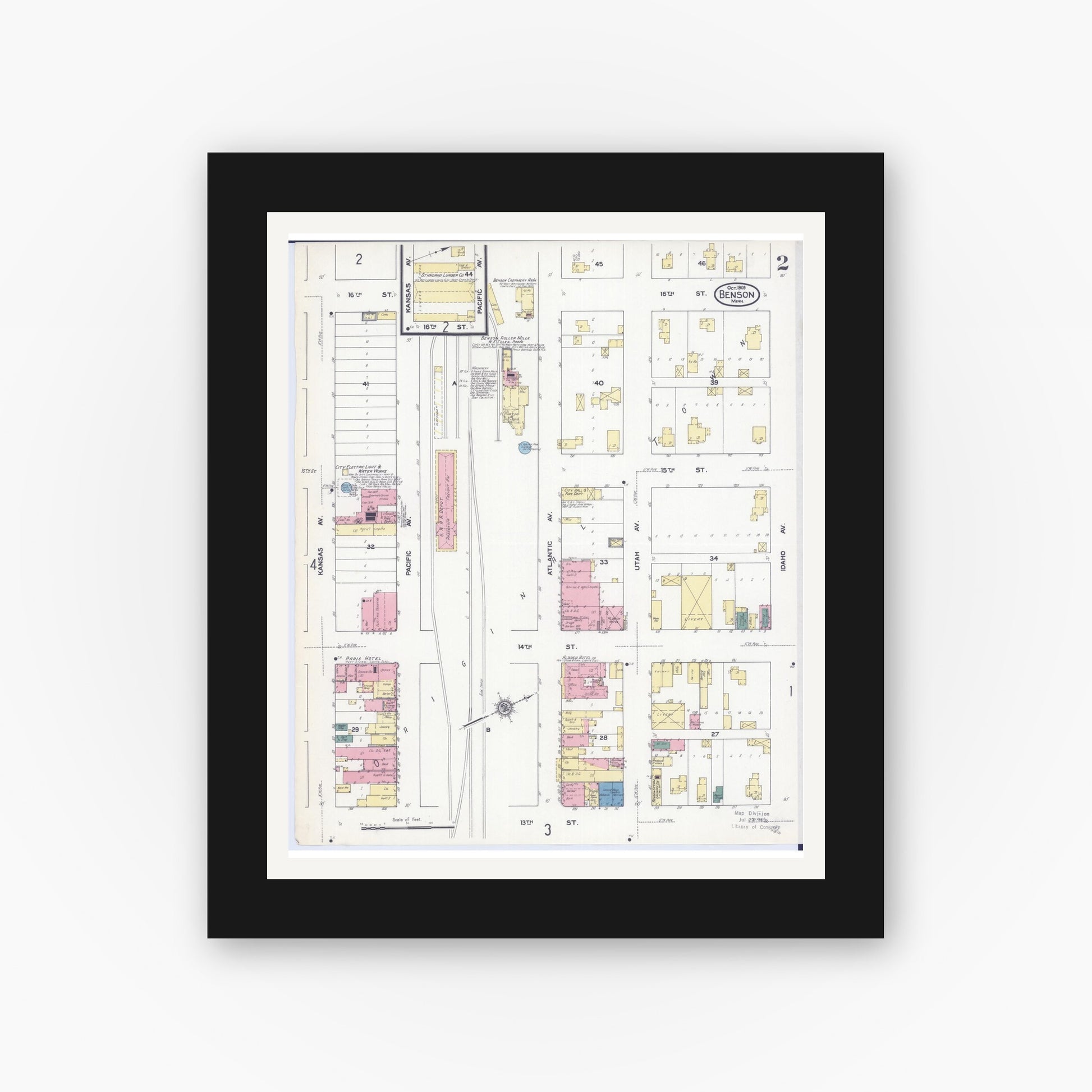 Old map wall art mockup — black gallery frame with white mat — Sanborn Fire Insurance Map from Benson, Swift County, Minnesota (1909), Sheet #0002