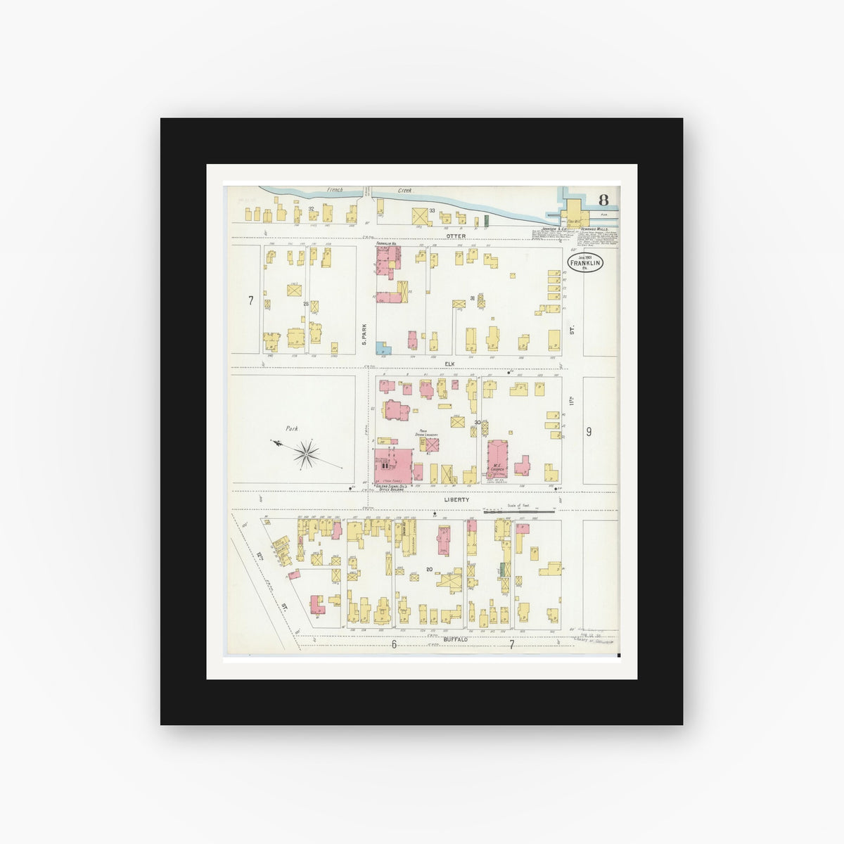 Old map wall art mockup — black gallery frame with white mat — Sanborn Fire Insurance Map from Franklin, Venango County, Pennsylvania (1901), Sheet #0008