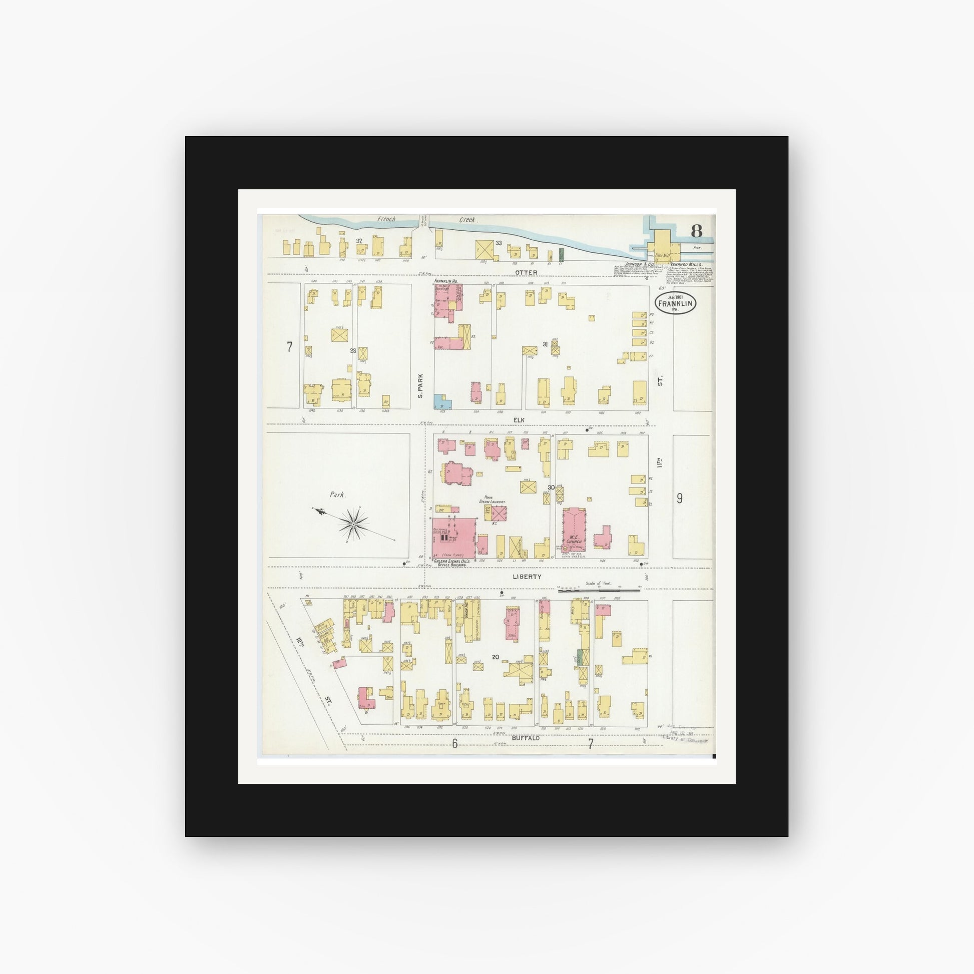 Old map wall art mockup — black gallery frame with white mat — Sanborn Fire Insurance Map from Franklin, Venango County, Pennsylvania (1901), Sheet #0008