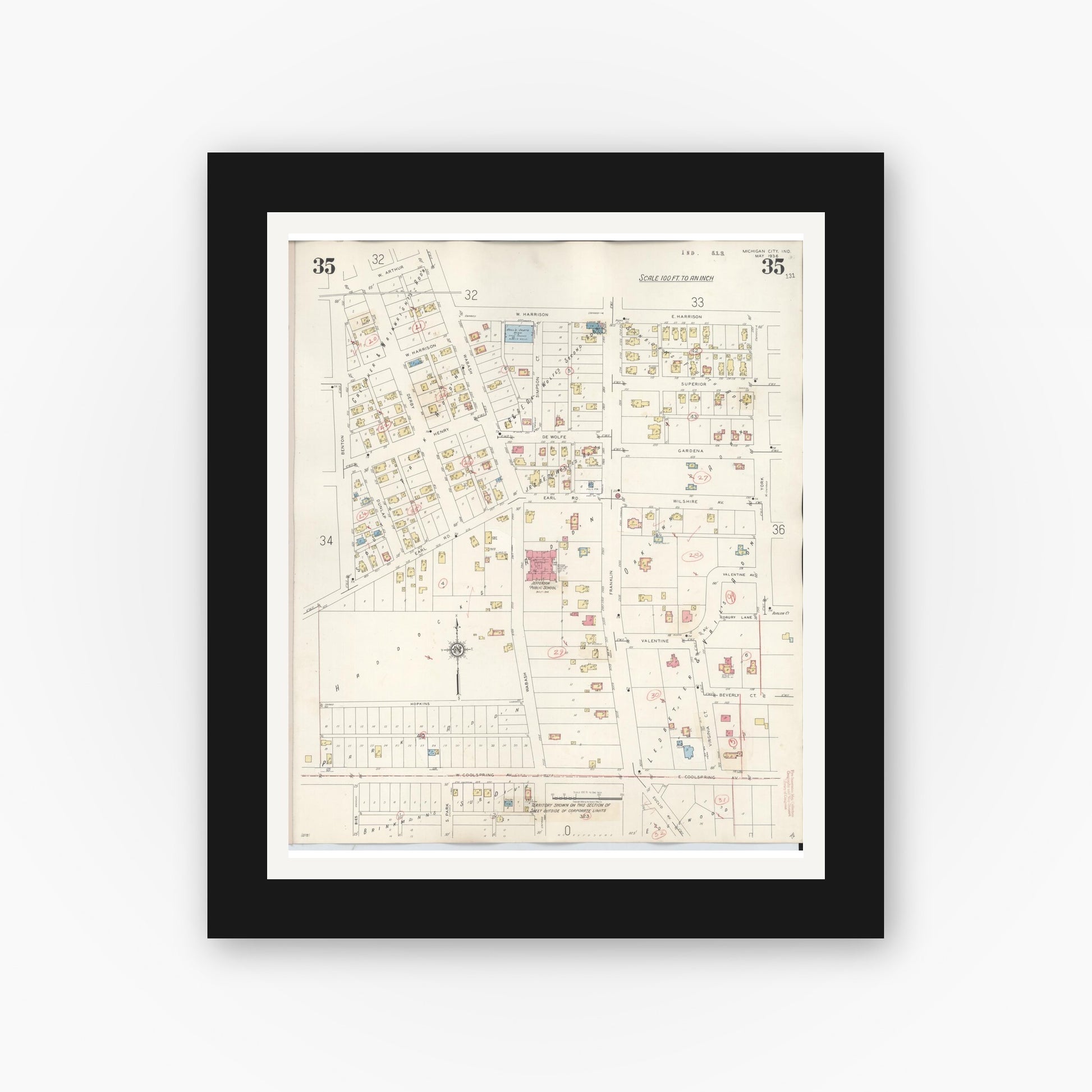 Old map wall art mockup — black gallery frame with white mat — Sanborn Fire Insurance Map from Michigan City, La Porte County, Indiana (1948), Sheet #0035