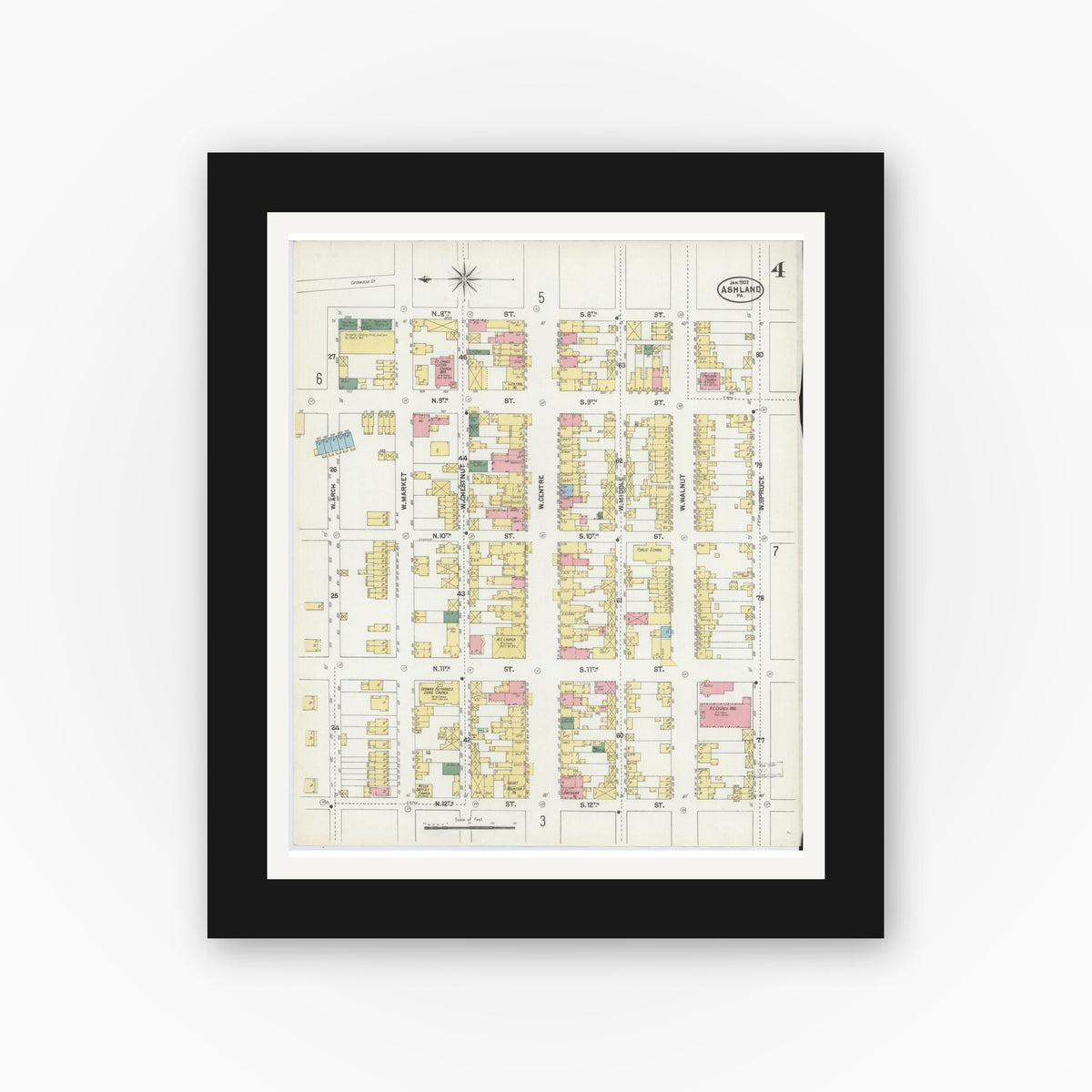 Old map wall art mockup — black gallery frame with white mat — Sanborn Fire Insurance Map from Ashland, Schuylkill County, Pennsylvania (1902), Sheet #0004