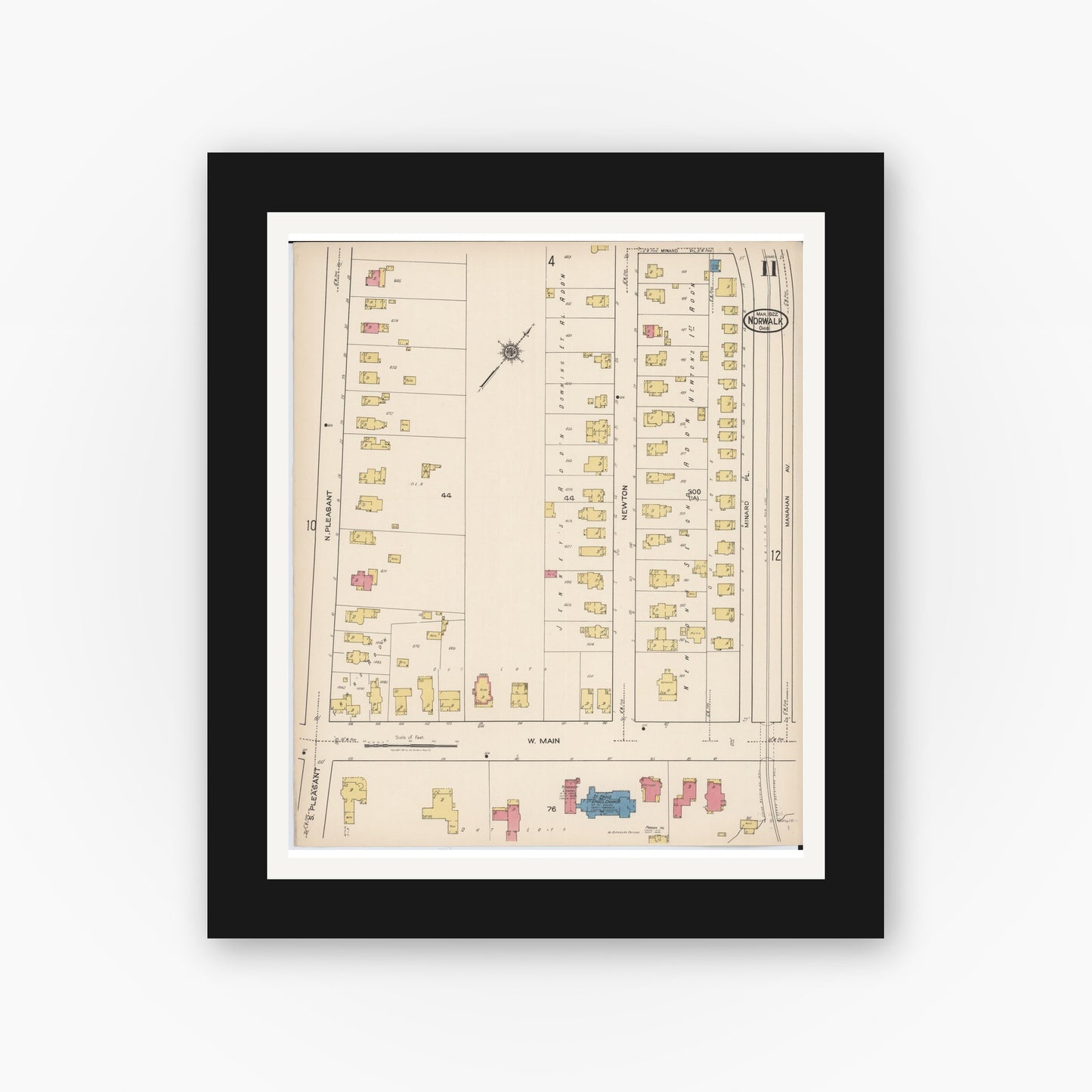 Old map wall art mockup — black gallery frame with white mat — Sanborn Fire Insurance Map from Norwalk, Huron County, Ohio (1922), Sheet #0011