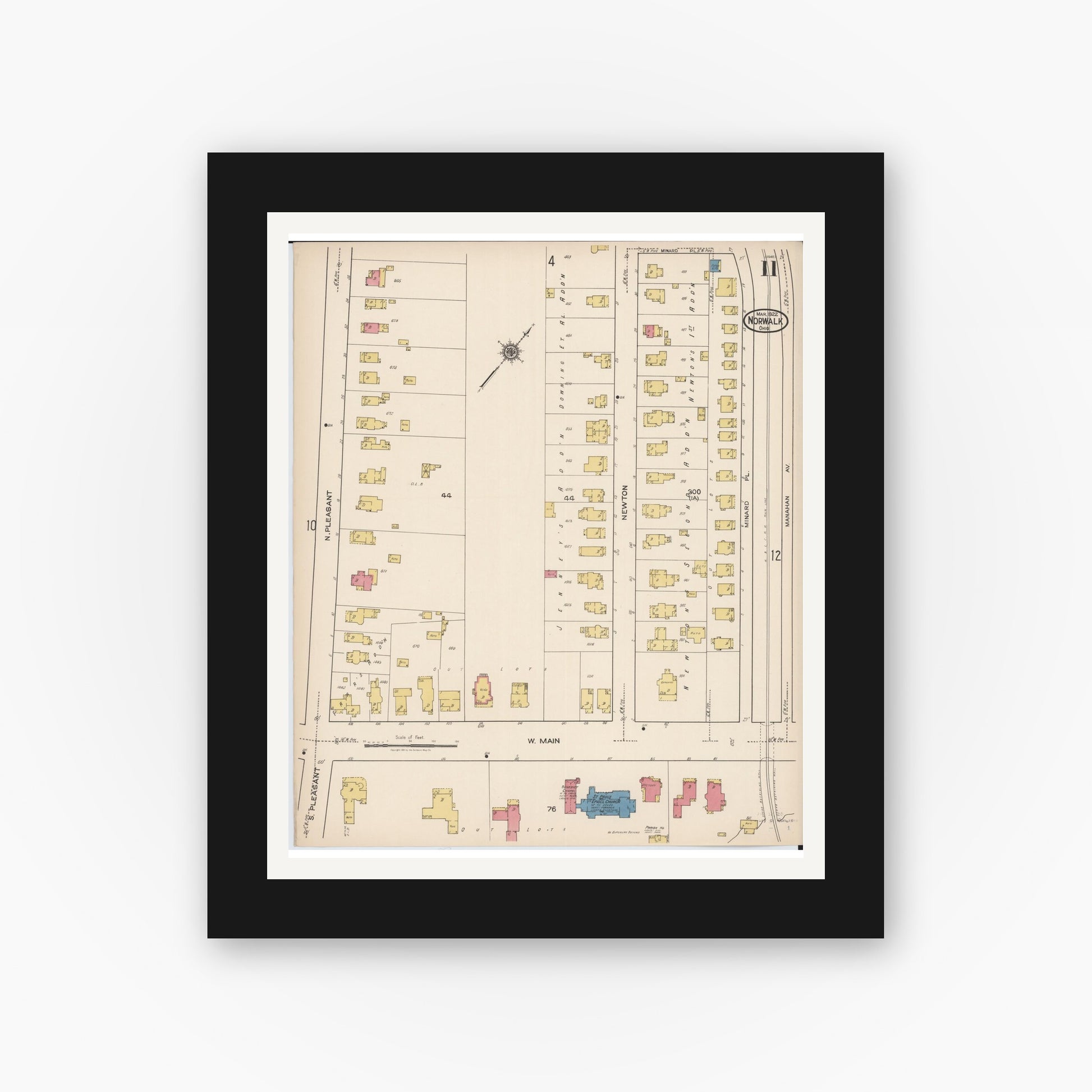 Old map wall art mockup — black gallery frame with white mat — Sanborn Fire Insurance Map from Norwalk, Huron County, Ohio (1922), Sheet #0011