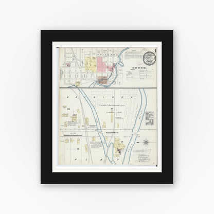 Old map wall art mockup — black gallery frame with white mat — Sanborn Fire Insurance Map from Alma, Gratiot County, Michigan (1890) - Complete Map Set