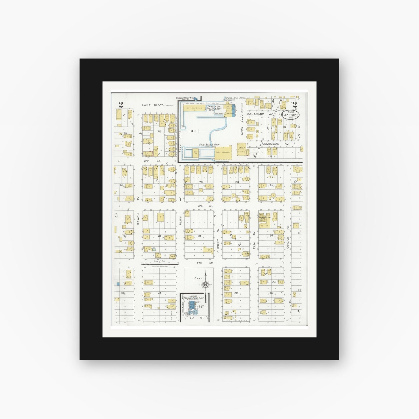 Old map wall art mockup — black gallery frame with white mat — Sanborn Fire Insurance Map from Lakeside, Ottawa County, Ohio (1927), Sheet #0002
