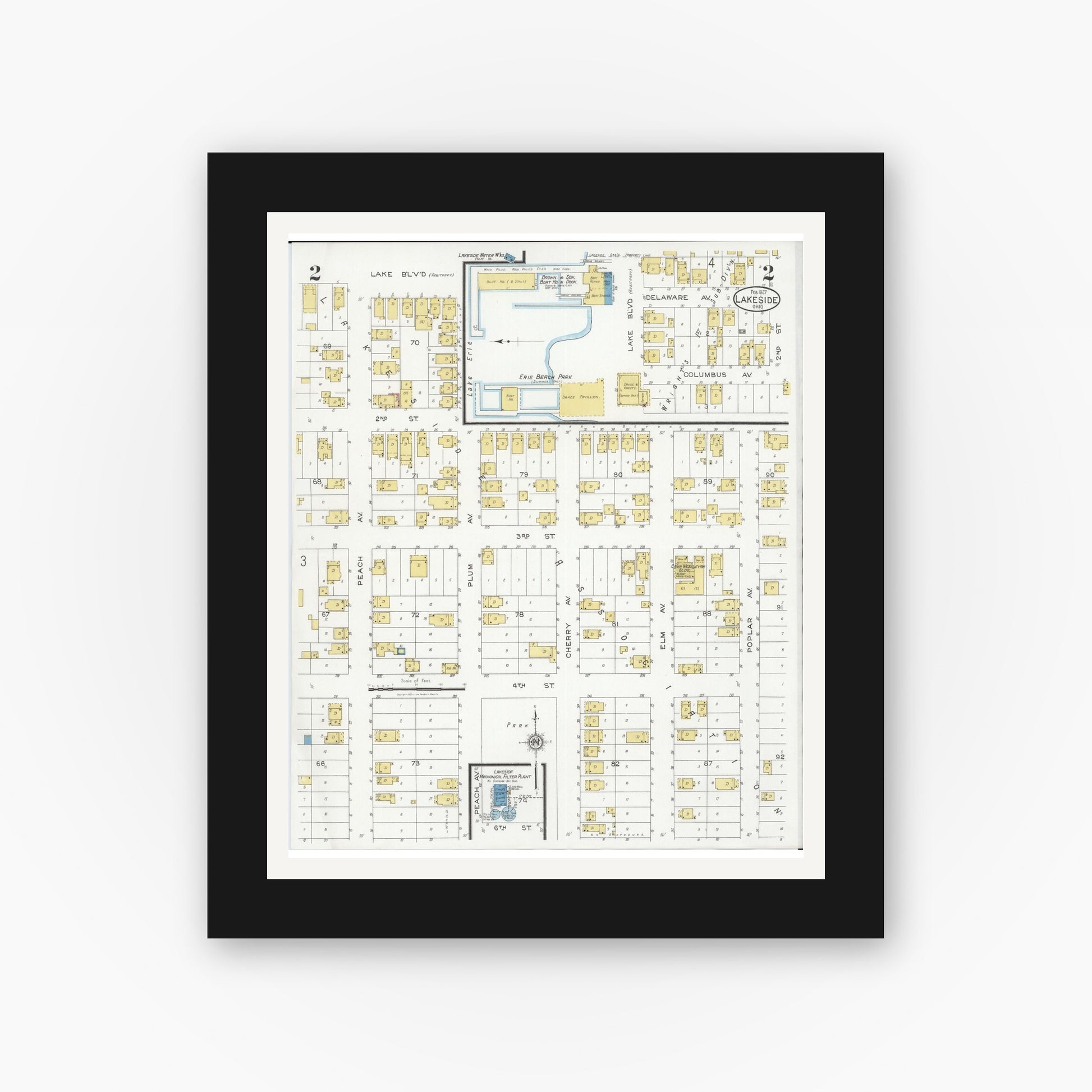 Old map wall art mockup — black gallery frame with white mat — Sanborn Fire Insurance Map from Lakeside, Ottawa County, Ohio (1927), Sheet #0002