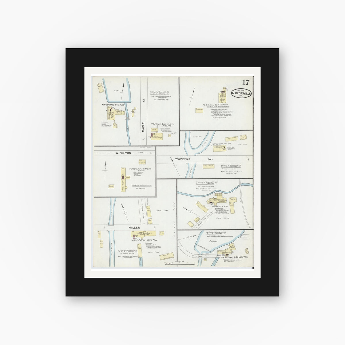 Old map wall art mockup — black gallery frame with white mat — Sanborn Fire Insurance Map from Gloversville, Fulton County, New York (1892), Sheet #0017