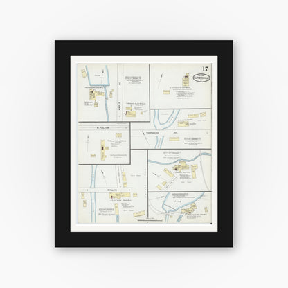 Old map wall art mockup — black gallery frame with white mat — Sanborn Fire Insurance Map from Gloversville, Fulton County, New York (1892), Sheet #0017