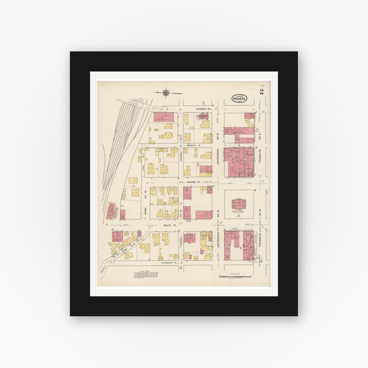 Old map wall art mockup — black gallery frame with white mat — Sanborn Fire Insurance Map from Monroe, Union County, North Carolina (1922), Sheet #0002
