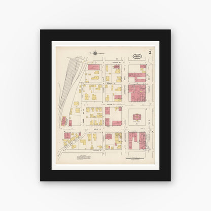Old map wall art mockup — black gallery frame with white mat — Sanborn Fire Insurance Map from Monroe, Union County, North Carolina (1922), Sheet #0002
