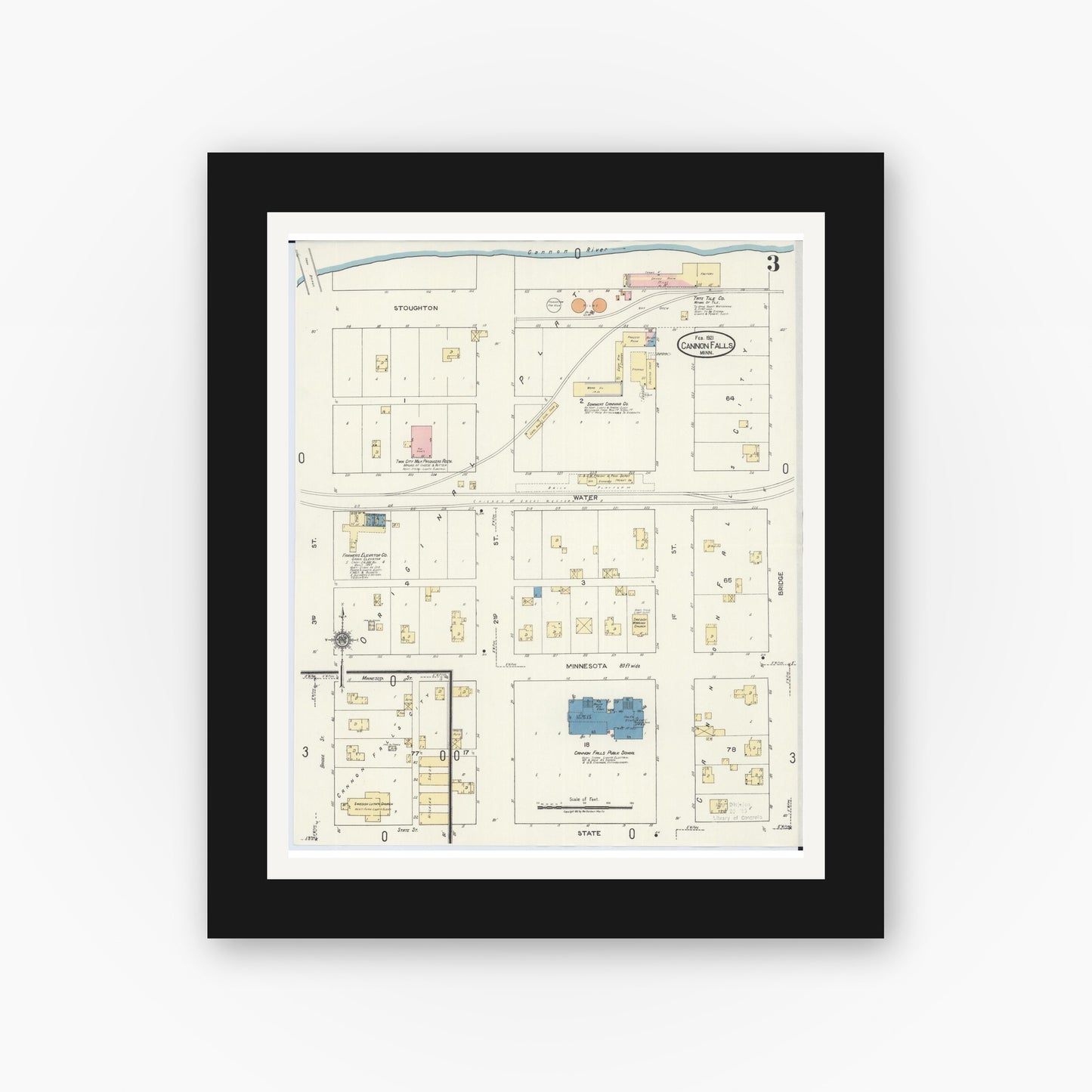 Old map wall art mockup — black gallery frame with white mat — Sanborn Fire Insurance Map from Cannon Falls, Goodhue County, Minnesota (1921), Sheet #0003