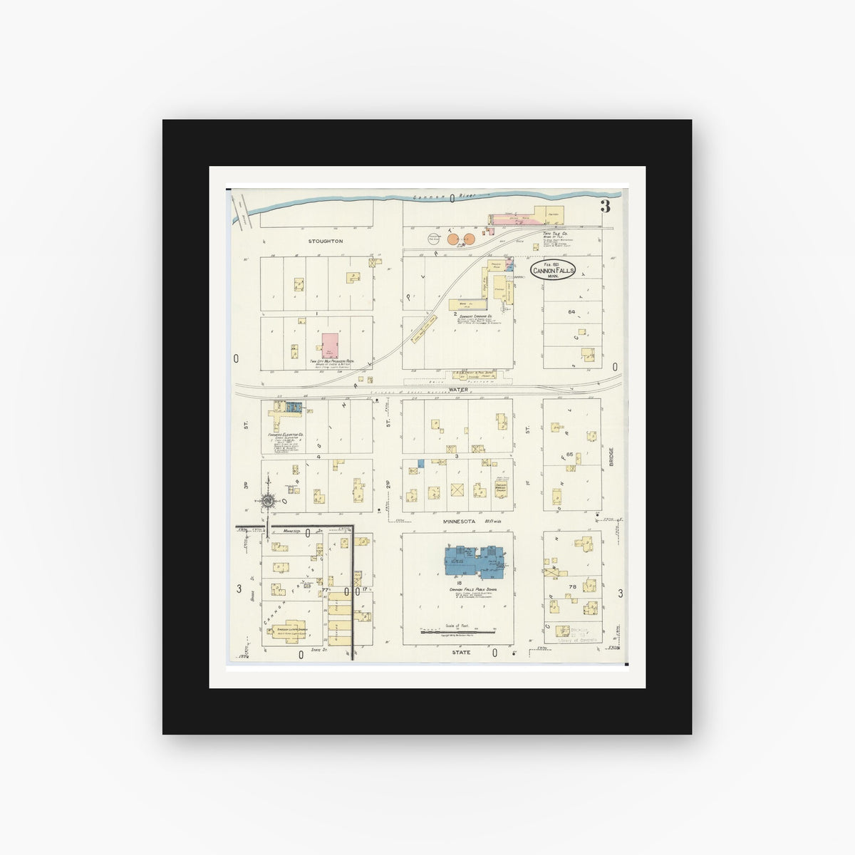 Old map wall art mockup — black gallery frame with white mat — Sanborn Fire Insurance Map from Cannon Falls, Goodhue County, Minnesota (1921), Sheet #0003