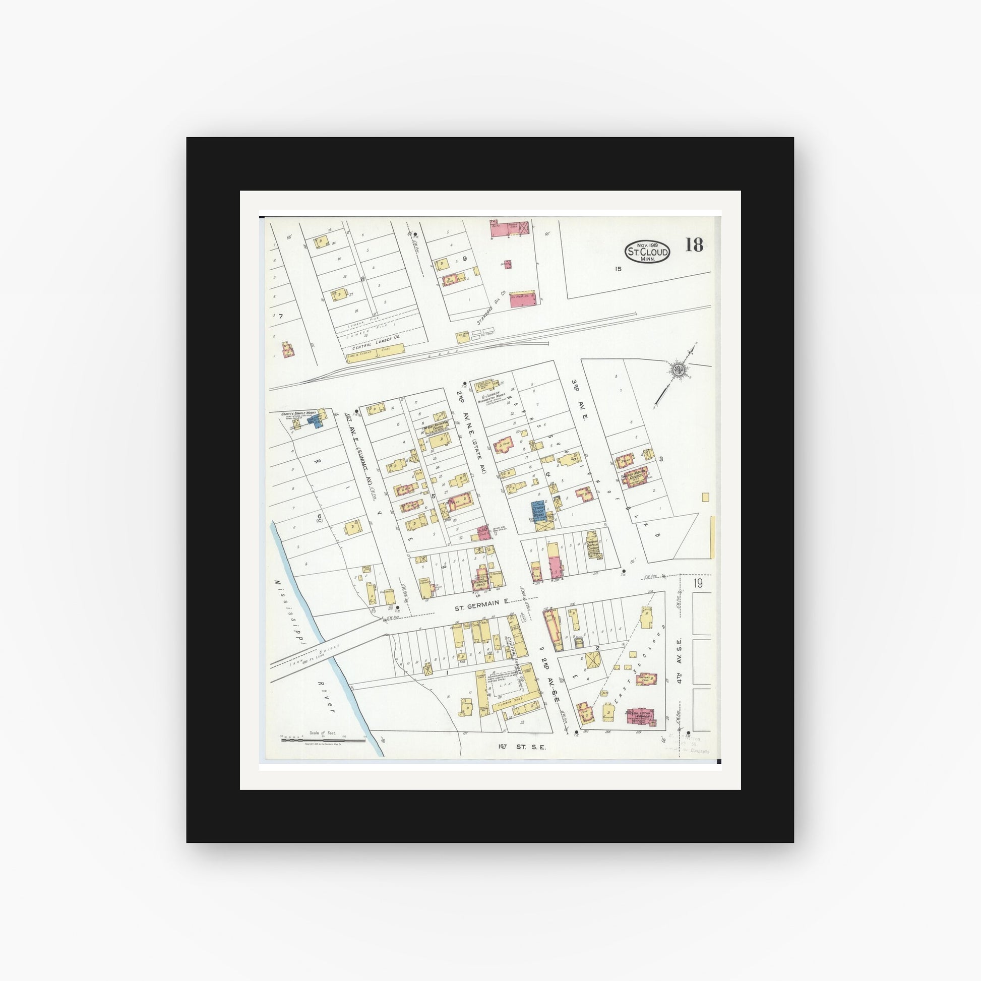 Old map wall art mockup — black gallery frame with white mat — Sanborn Fire Insurance Map from Saint Cloud, Stearns, Benton, and Sherburne Counties, Minnesota (1919), Sheet #0018